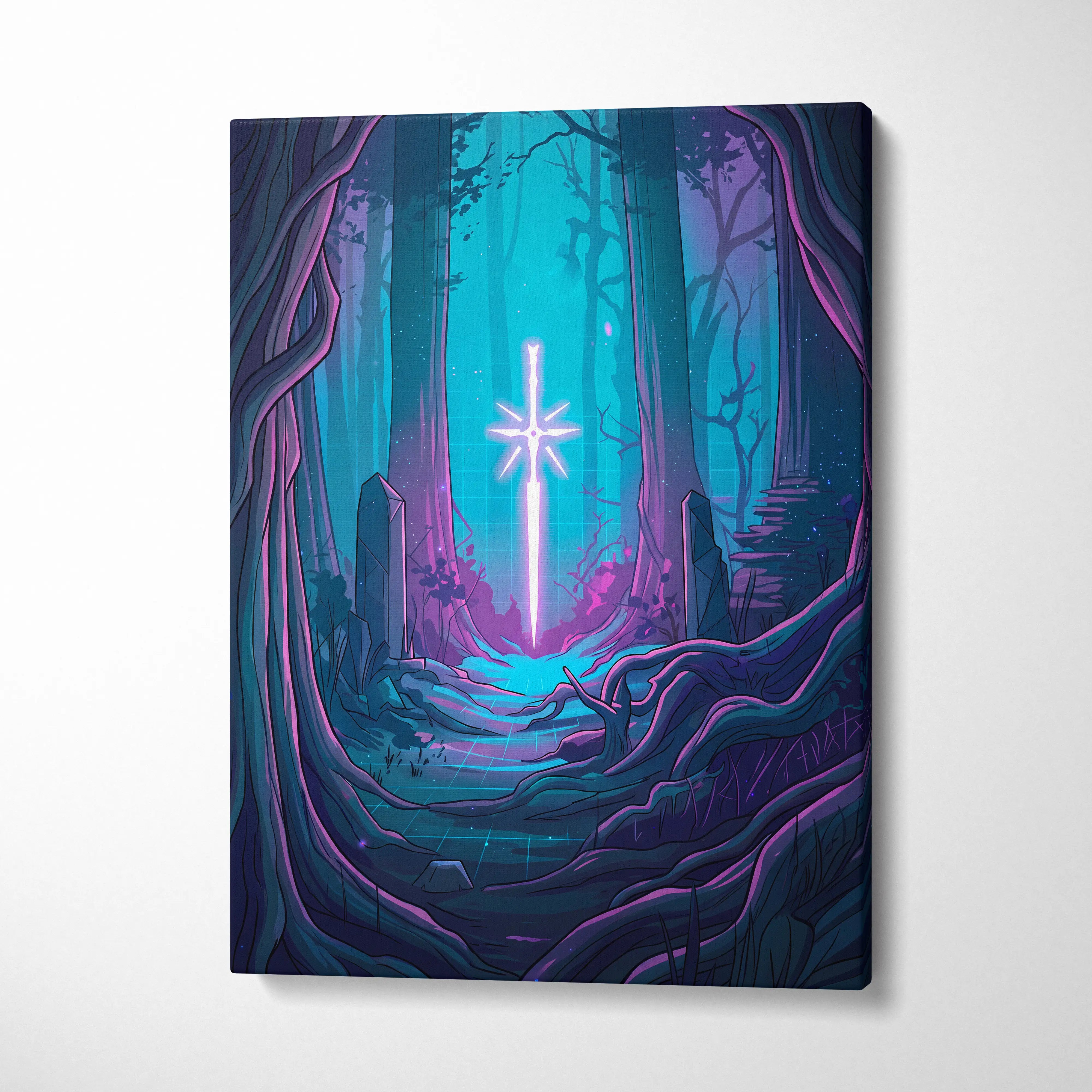 Vaporwave Neon Forest Canvas Art - Forest Scene Neon Blues Living Room Vaporwave Dreamy Glow Modern Canvas Print