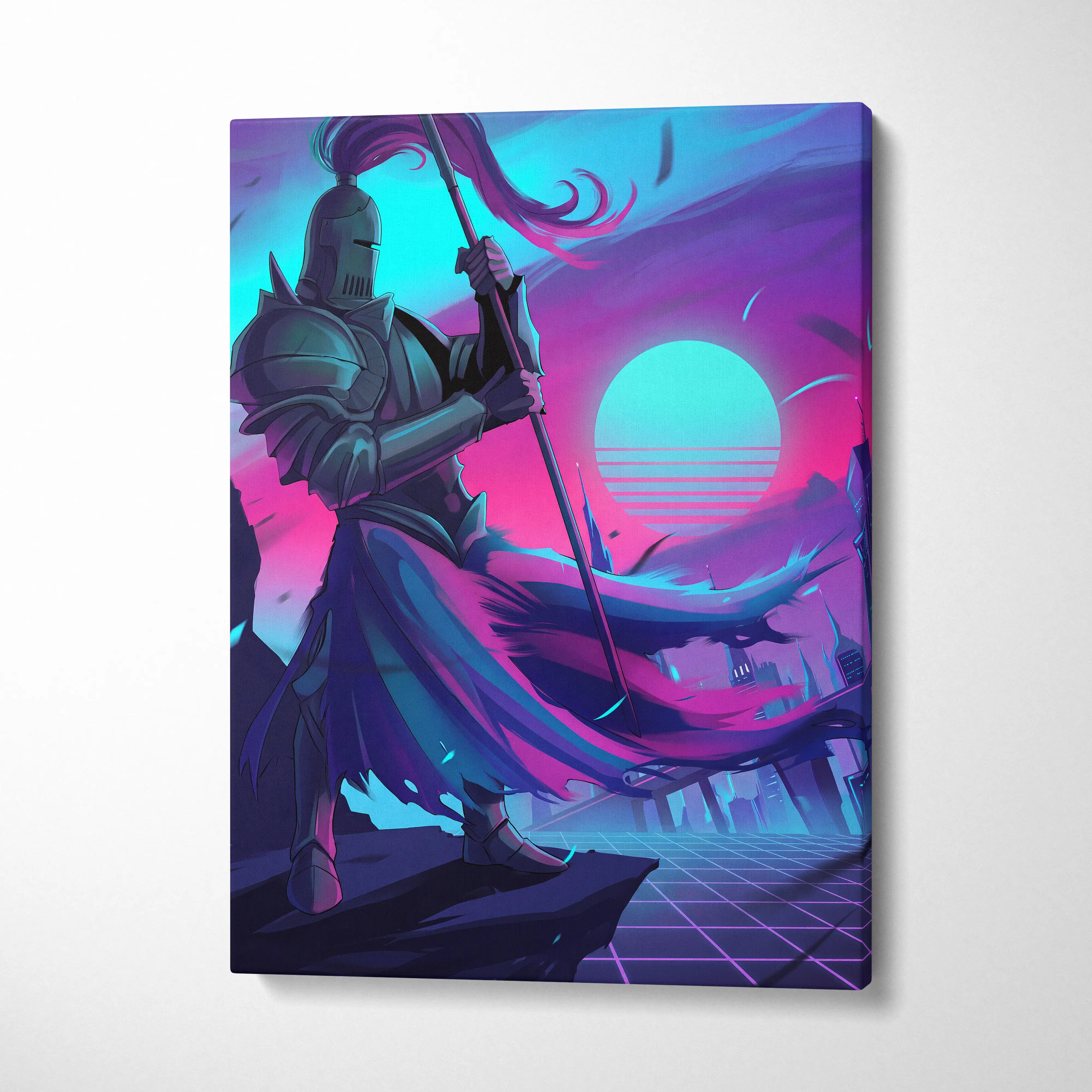 Neon Knight Vaporwave Canvas - Knight Neon Pink Blue Canvas Living Room Vaporwave Moody Neon Aesthetic Wall Art Canvas