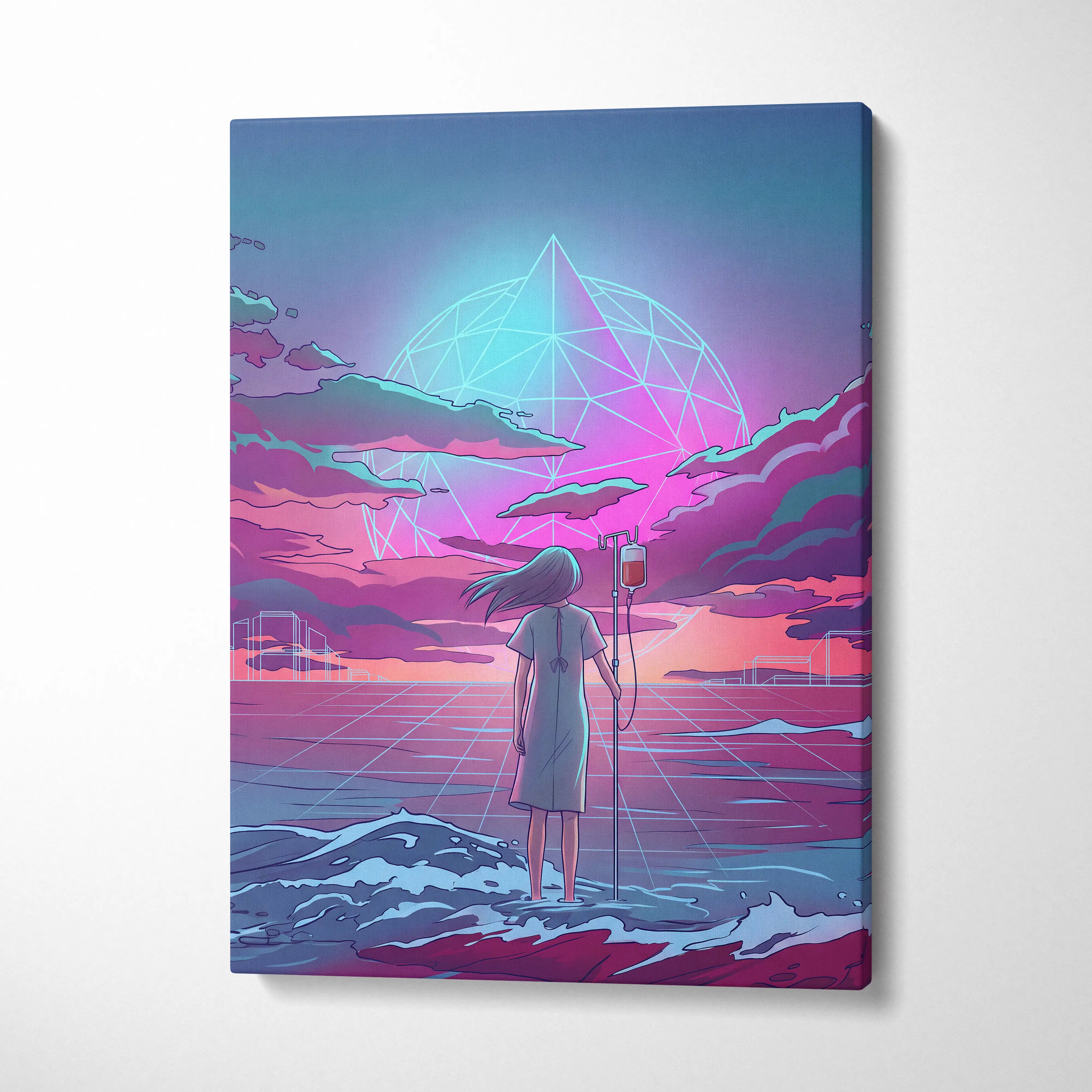 Vaporwave Neon Odyssey Canvas - Vaporwave Figure Neon Blue Living Room Retro Dreamy Neon Mood Modern Decor Canvas
