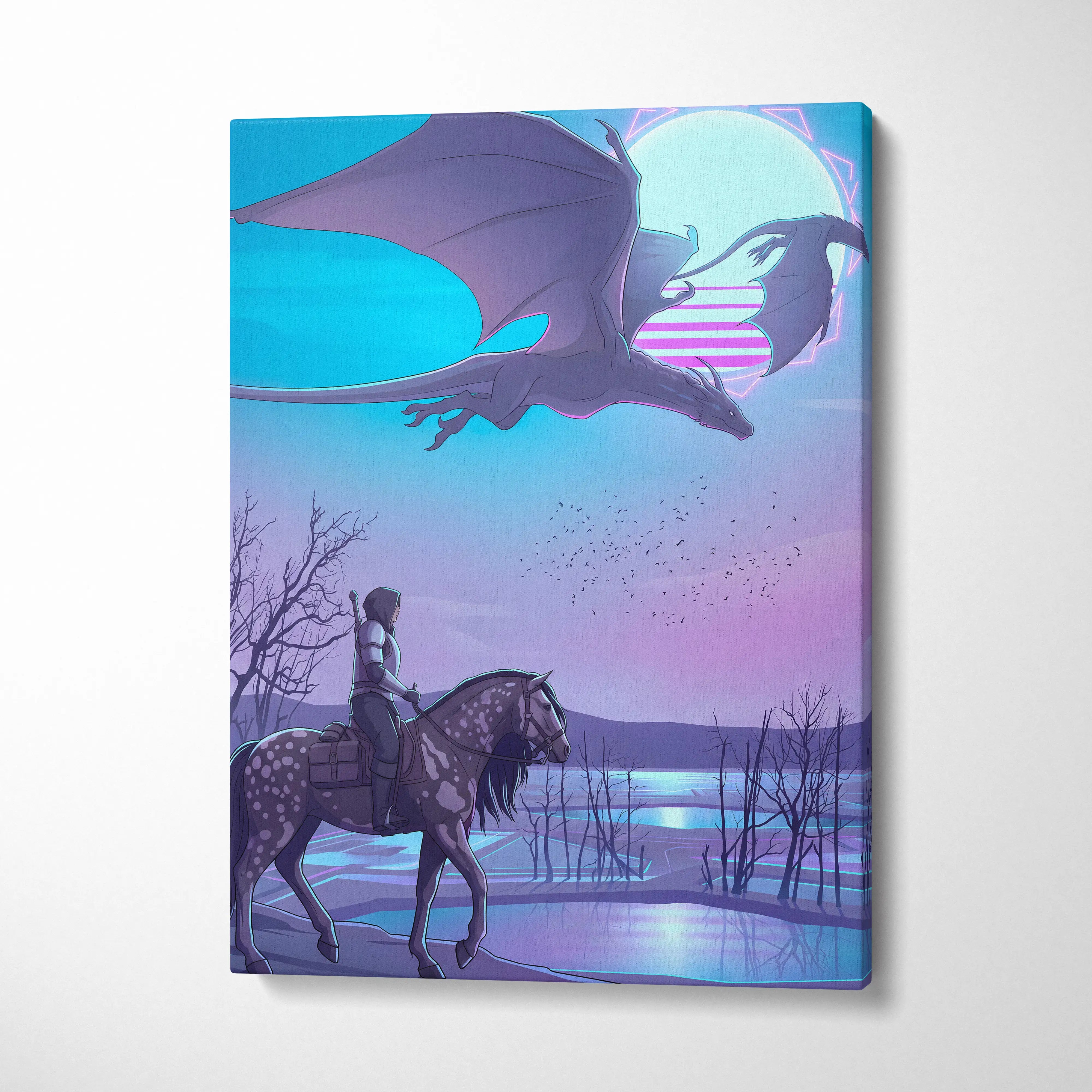 Vaporwave Neon Dragon Canvas - Dragon Neon Blues Purple Pink Room Vaporwave Mood Dreamy Modern Decor Neon Art Canvas