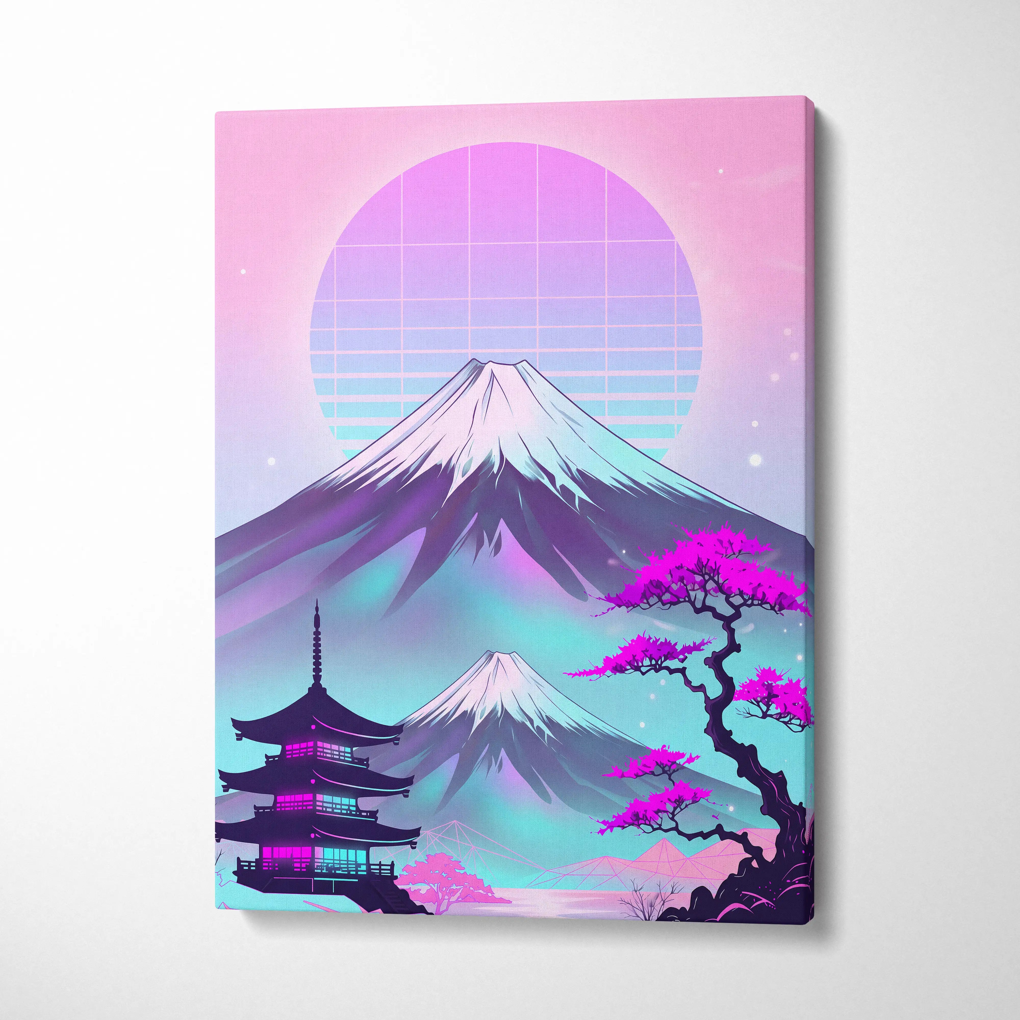 Neon Fuji Vaporwave Canvas - Mount Fuji Vaporwave Pastel Pink Purple Living Room Retro Dreamy Mood Canvas Print