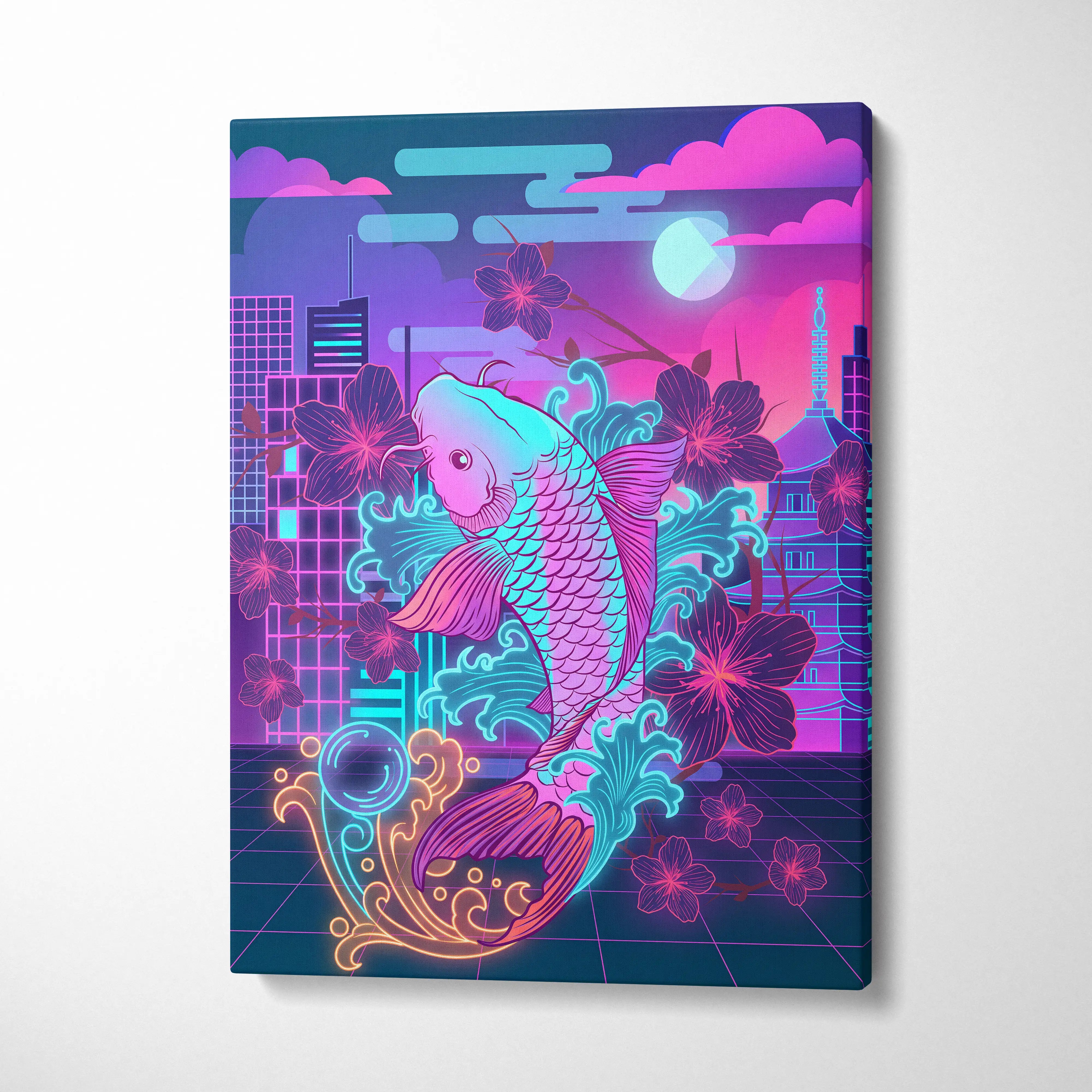 Neon Koi Sakura Vaporwave - Japan Vaporwave Koi Sakura Neon City Living Room Mood Neon Aesthetic Gallery Canvas