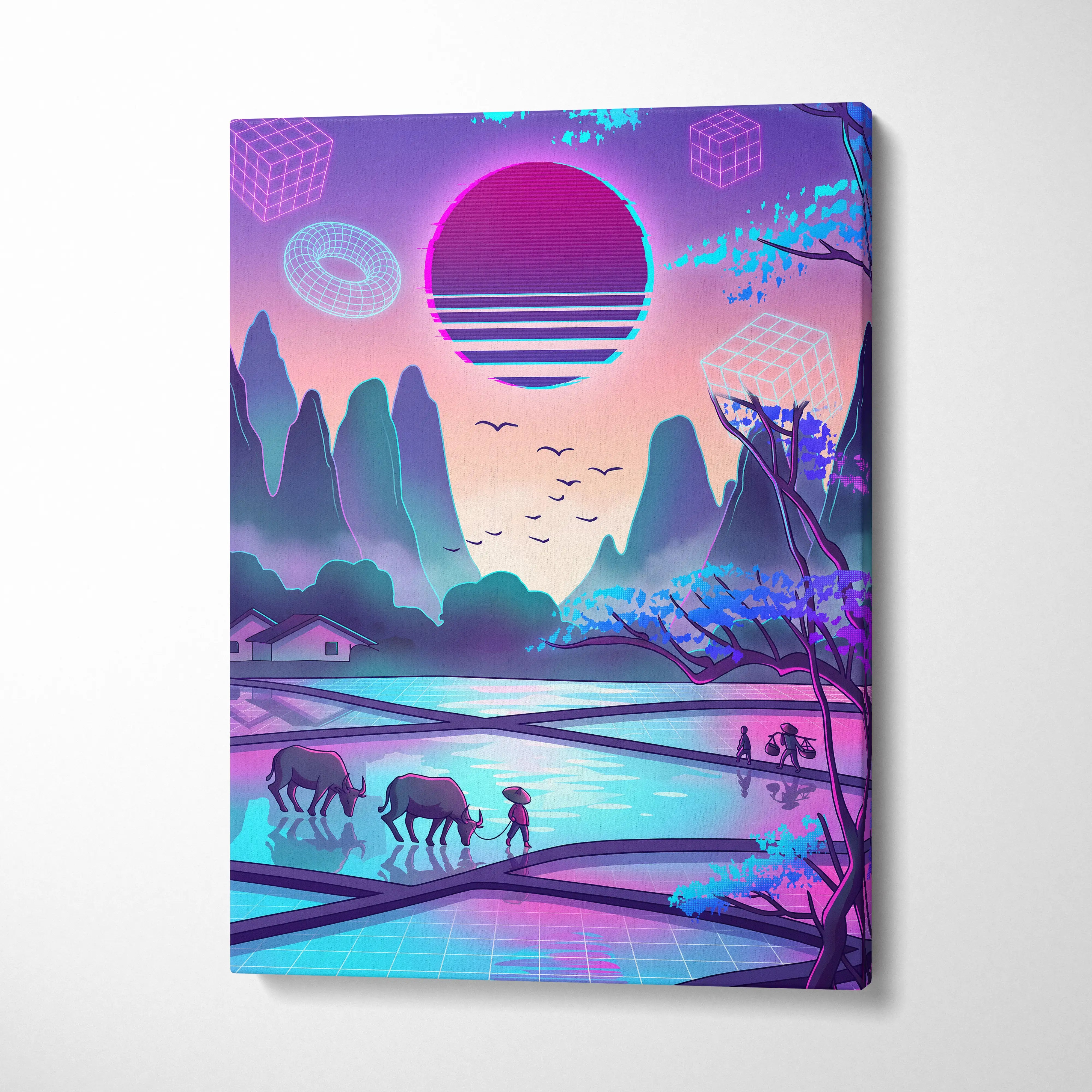 Sakura Vaporwave Neon Sunset - Sakura Neon Sunset Pastel Living Room Vaporwave Dreamy Neon Japanese Landscape Canvas