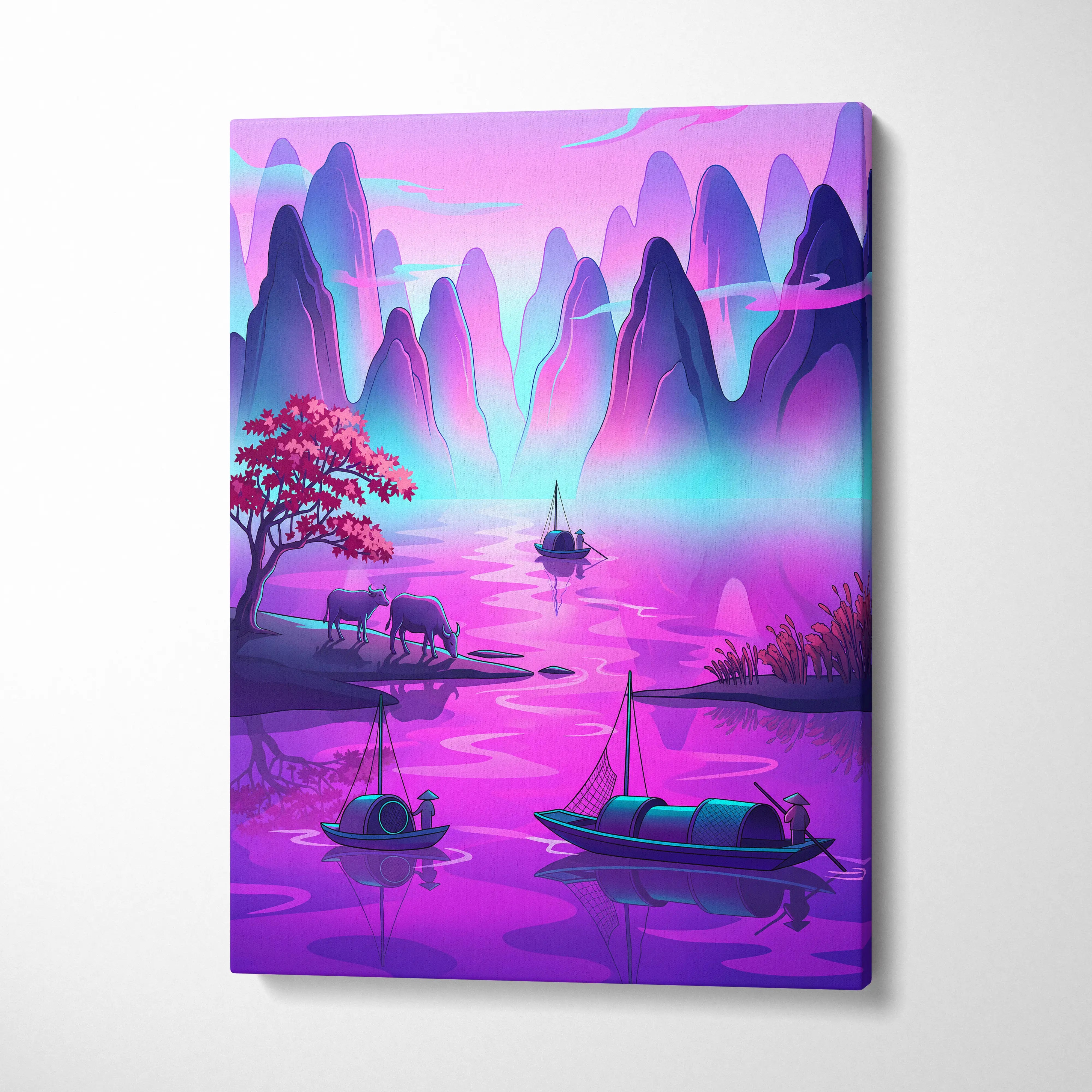 Neon Fuji Vaporwave Dreamscape - Mount Fuji Japan Landscape Neon Pastels Living Room Vaporwave Dreamy Mood Canvas Print