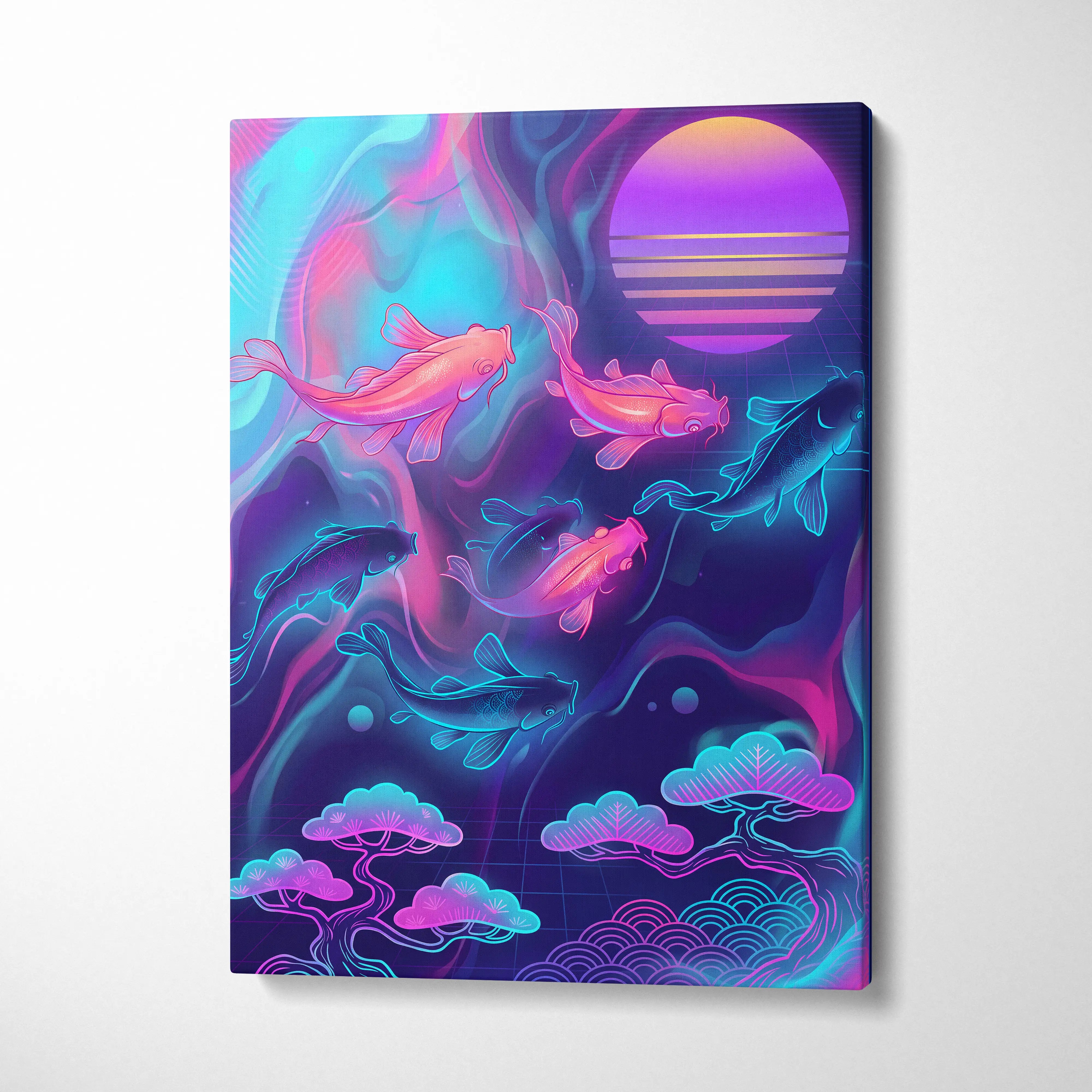 Koi Neon Sunset Canvas - Koi Neon Pink Cyan Living Room Vaporwave Dreamy Retro Futurism Japanese Art Canvas