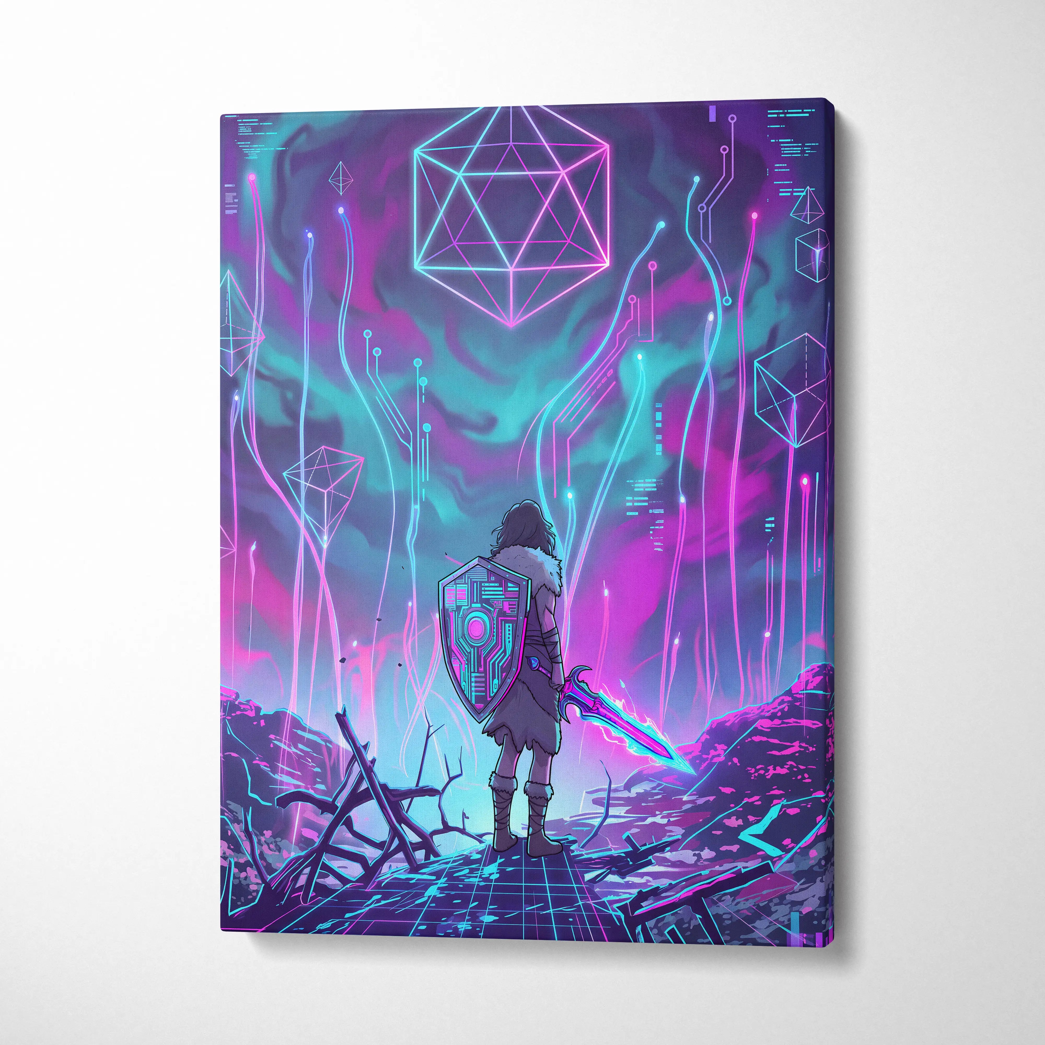 Vaporwave Neon Fantasy Canvas - Cyber Warrior Neon Pink Cyan Living Room Vaporwave Dreamy Surreal Mood Canvas Print