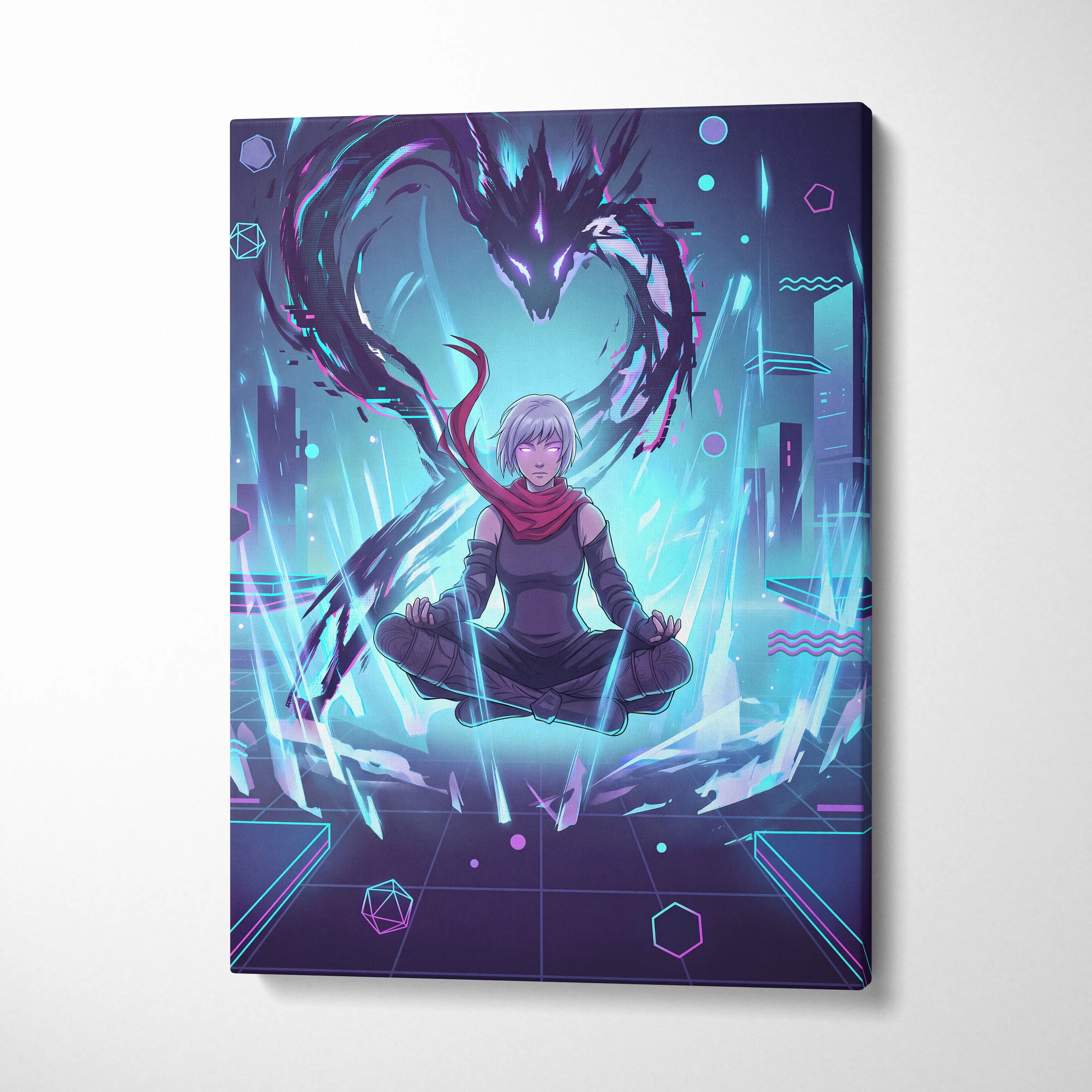 Vaporwave Neon Dragon Canvas - Dragon Purple Teal Living Room Vaporwave Mysterious Mood Futuristic Decor Anime Canvas