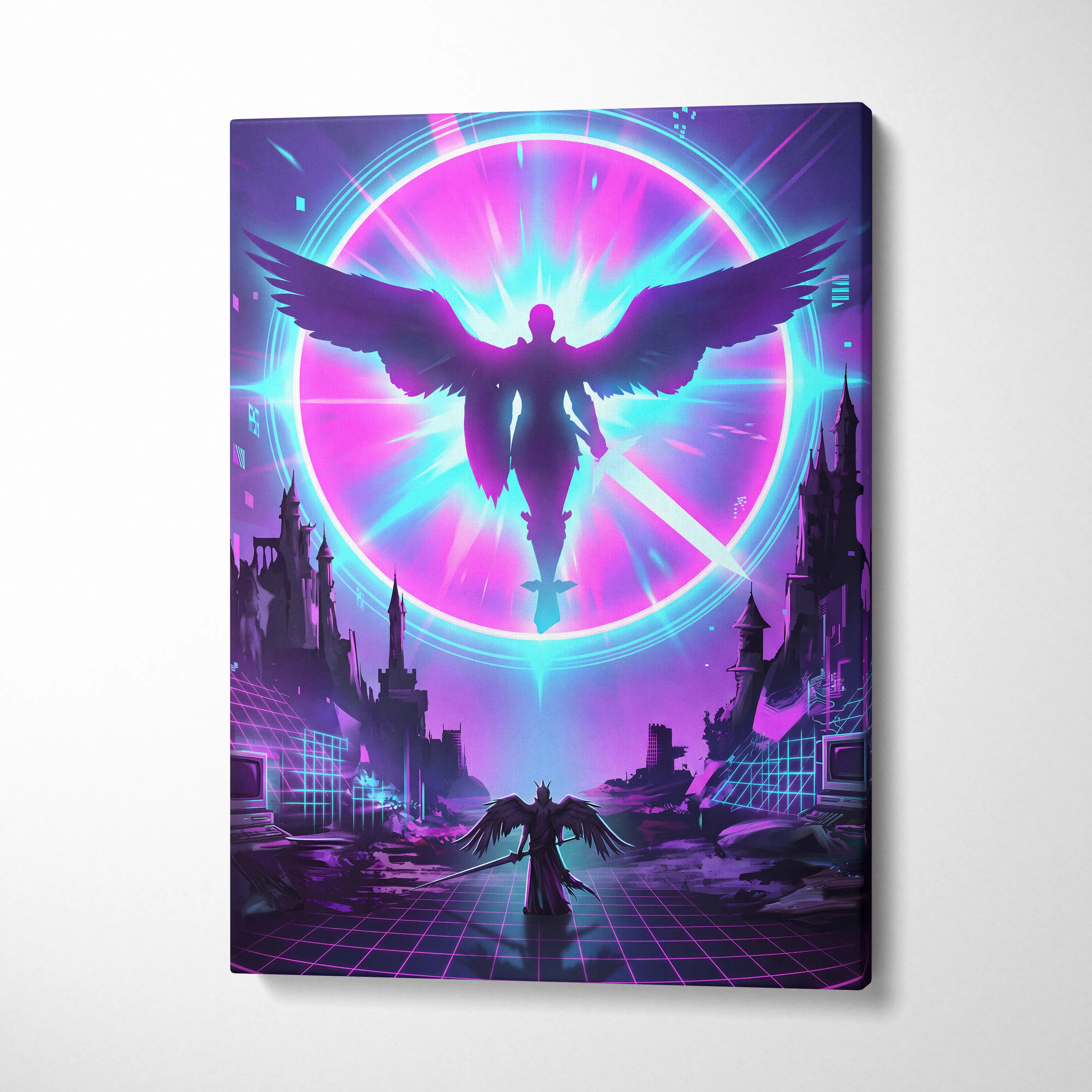 Neon Winged Odyssey Canvas - Winged Figure Neon Pink Blue Living Room Vaporwave Dreamy Mood Retro Futurism Canvas Print