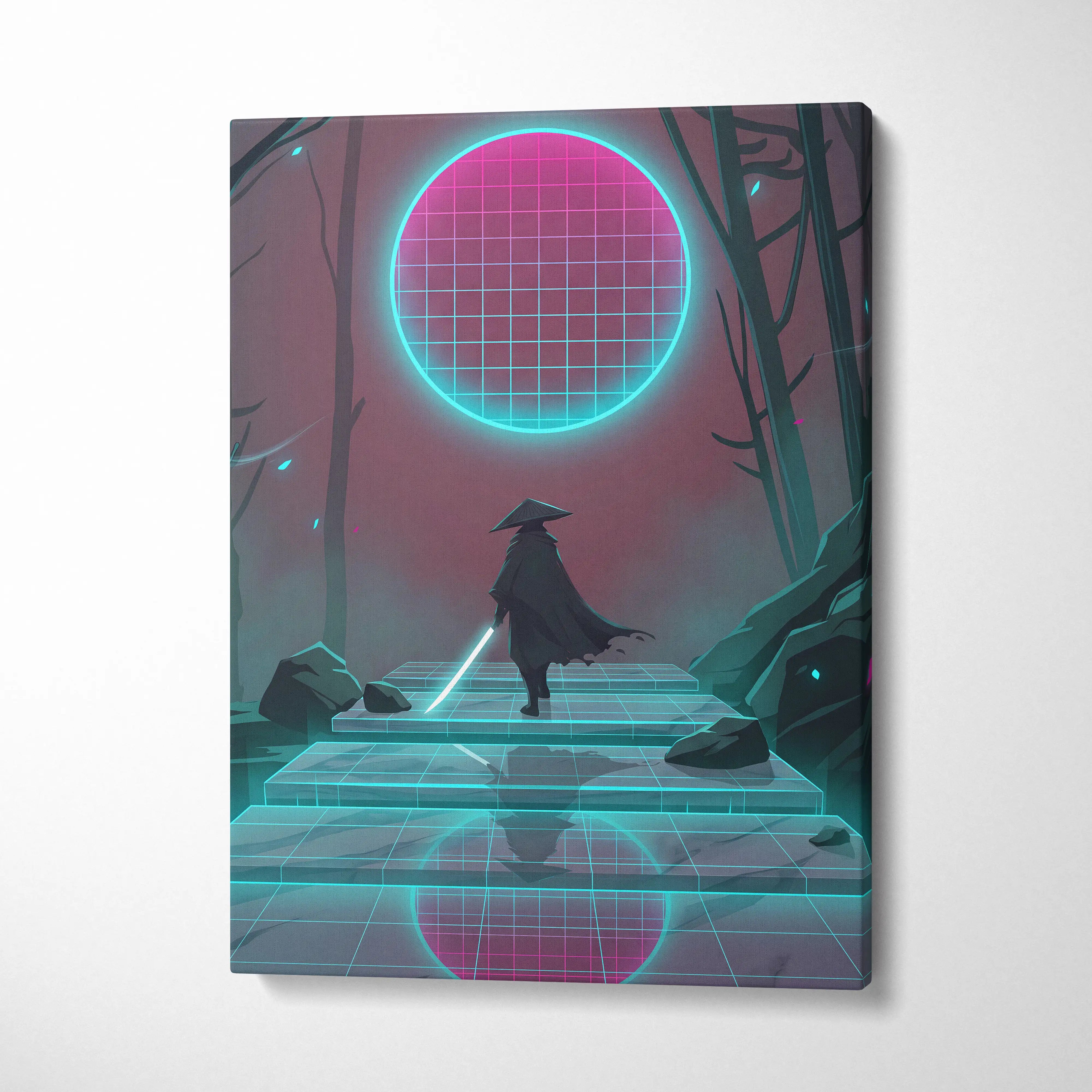 Vaporwave Neon Grid Canvas - Vaporwave Pink Cyan Living Room Retro Futurism Dreamlike Moody Synthwave Wall Art Canvas