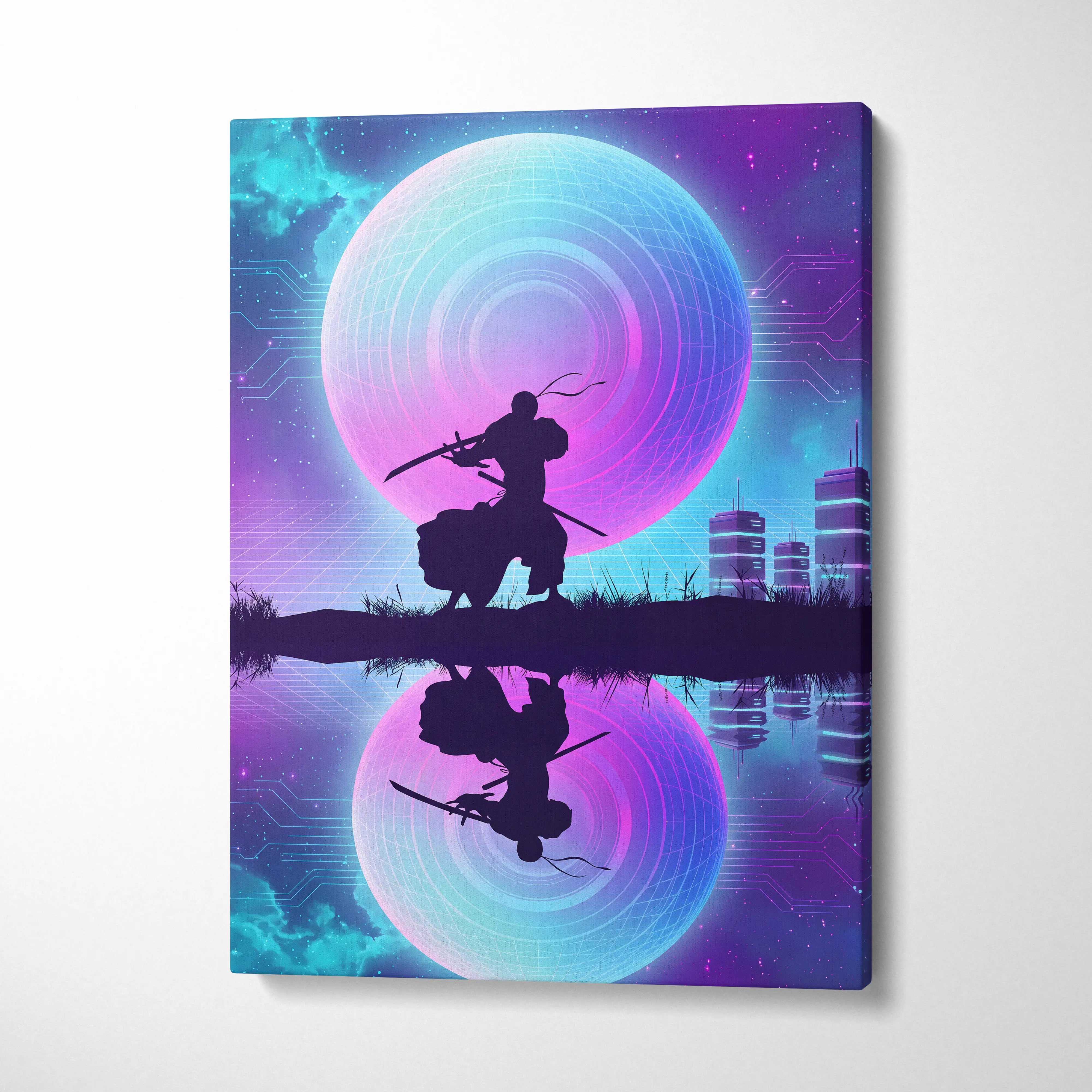 Vaporwave Neon Sphere Canvas - Silhouette Woman Pink Blue Living Room Vaporwave Dreamy Nostalgic Mood Wall Art Canvas