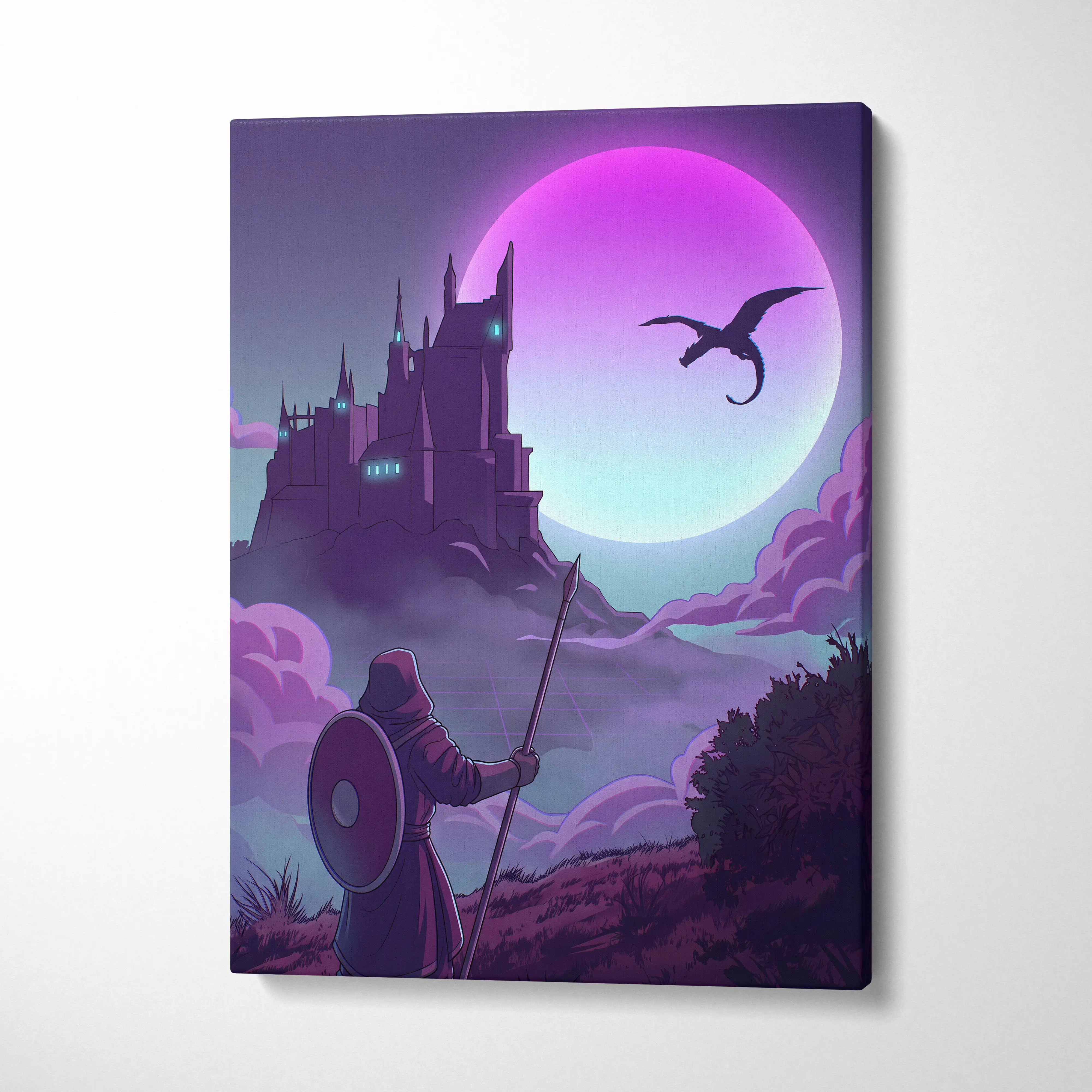 Vaporwave Fantasy Knight In Neon - Knight Pink Cyan Vaporwave Canvas Dreamy Retro Futurism Neon Wall Art Canvas