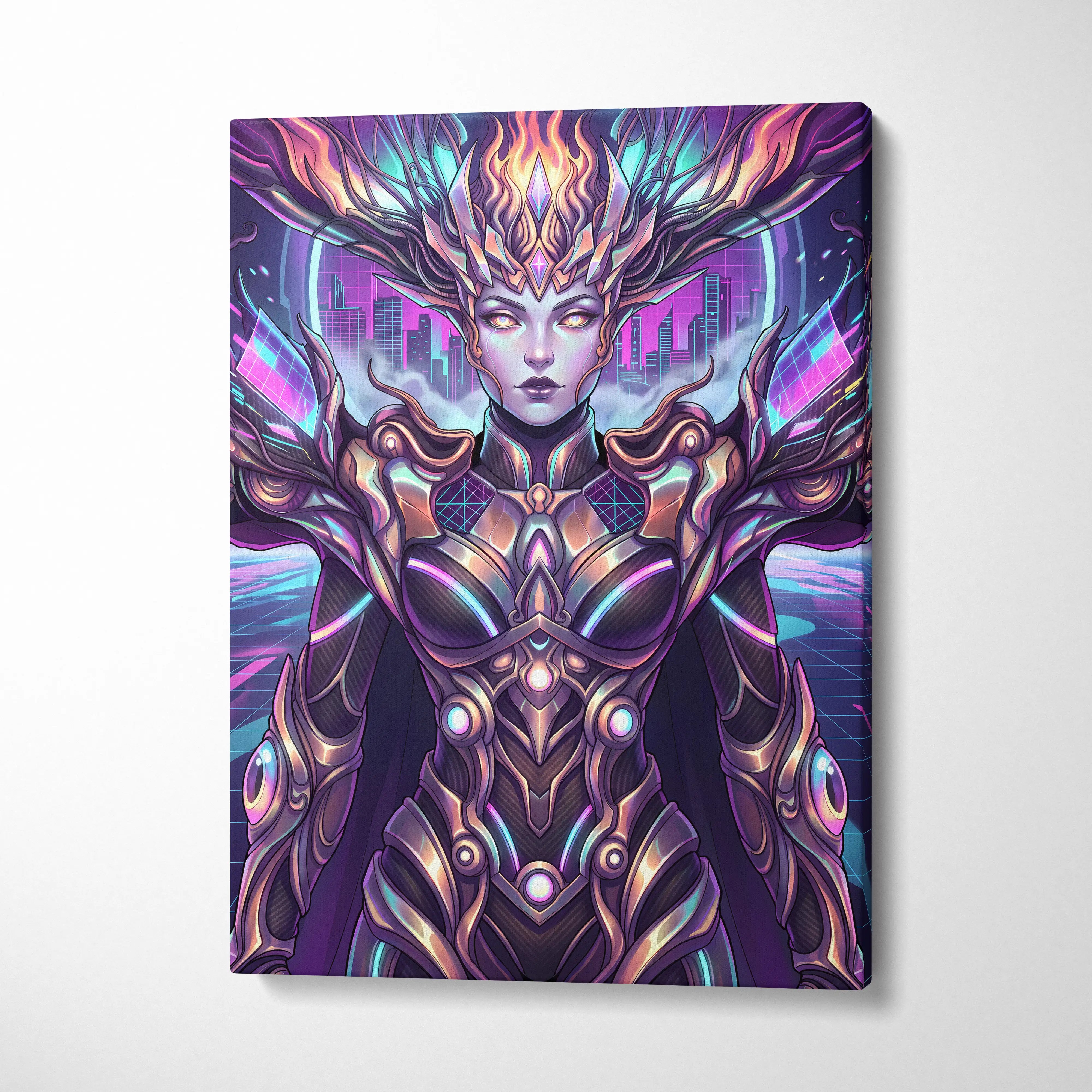 Vaporwave Neon Oracle Portrait - Futuristic Female Portrait Neon Pink LivingRoom Vaporwave Mood Neon Futurism Canvas