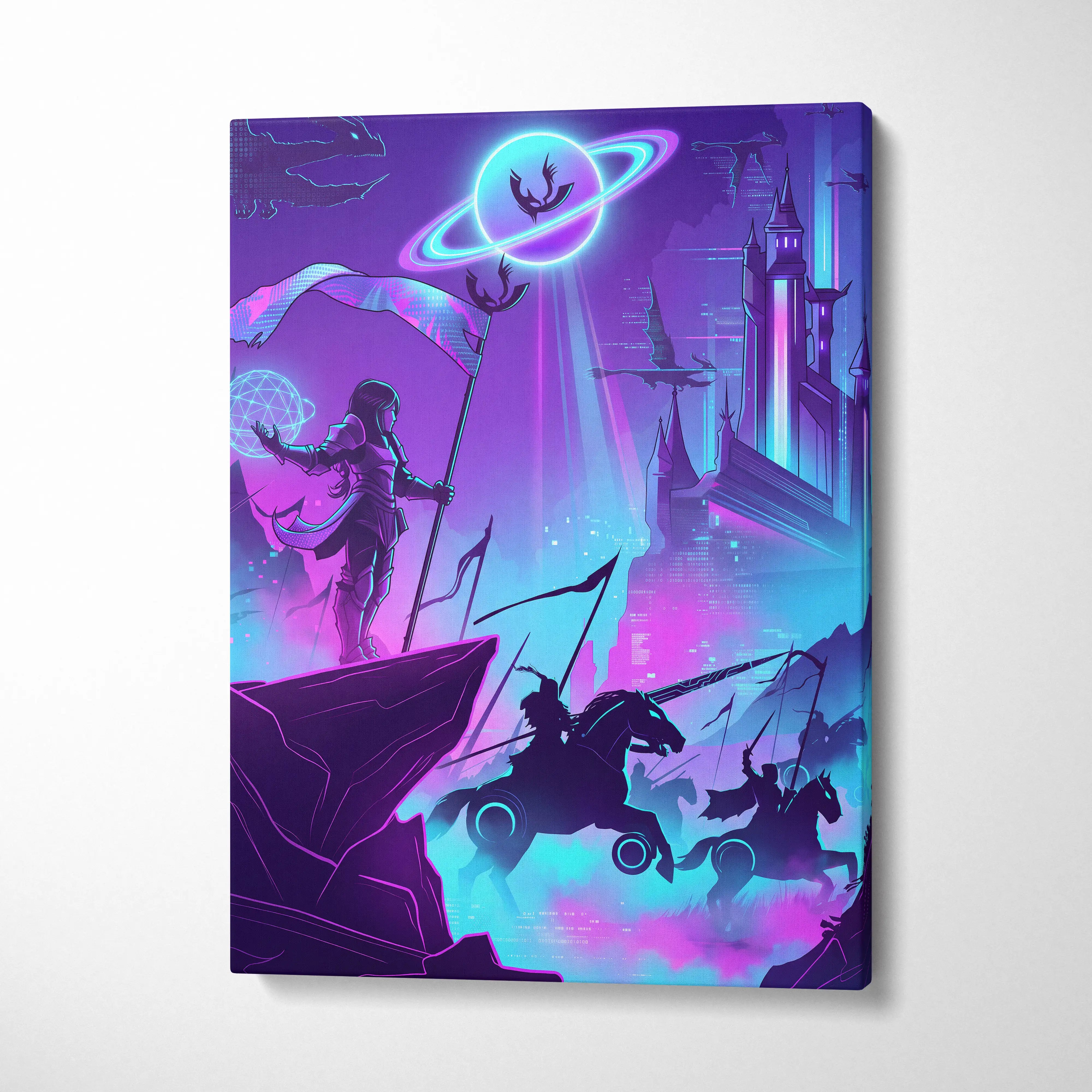 Vaporwave Neon Fantasy Canvas - Mystical Neon Characters Purple Blue Vaporwave Wall Art Dreamy Mood, Retro Futurism