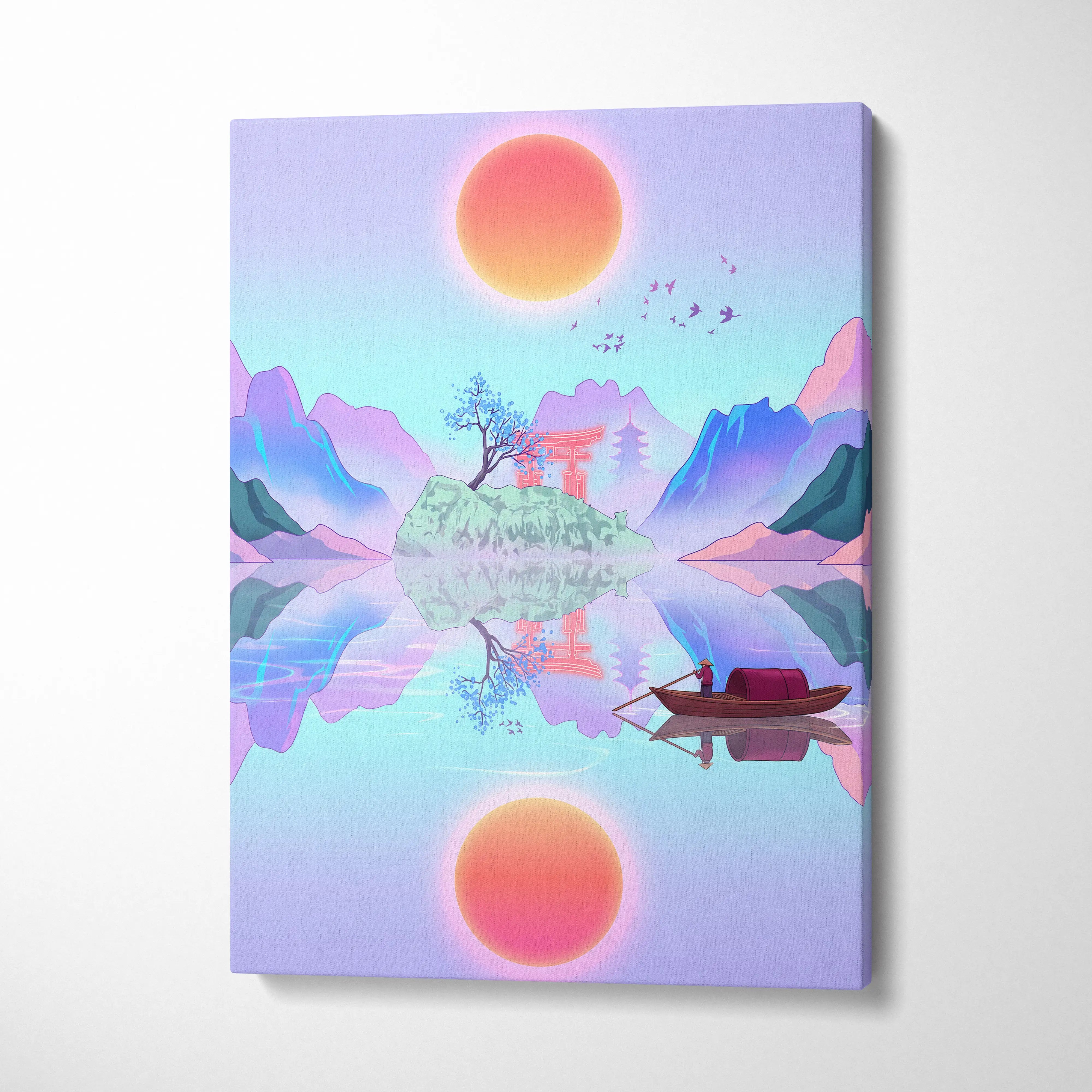 Vaporwave Japan Landscape Canvas - Japan Landscape Pastel Pink Blue Living Room Vaporwave Dreamy Nostalgic Canvas Print