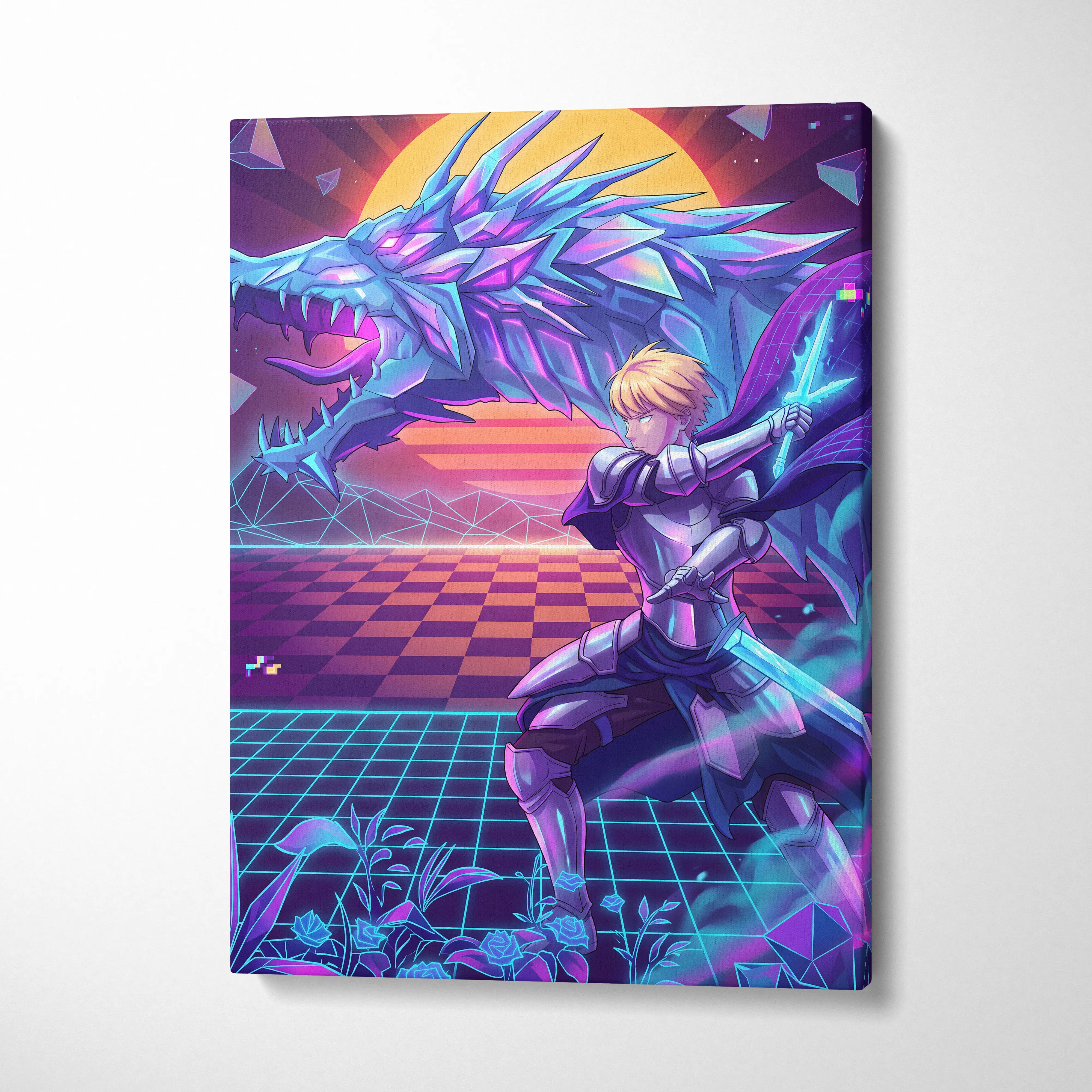 Vaporwave Dragon Neon Canvas - Dragon Neon Blue Purple Living Room Vaporwave Mystical Neon Retro Wall Decor Canvas Print