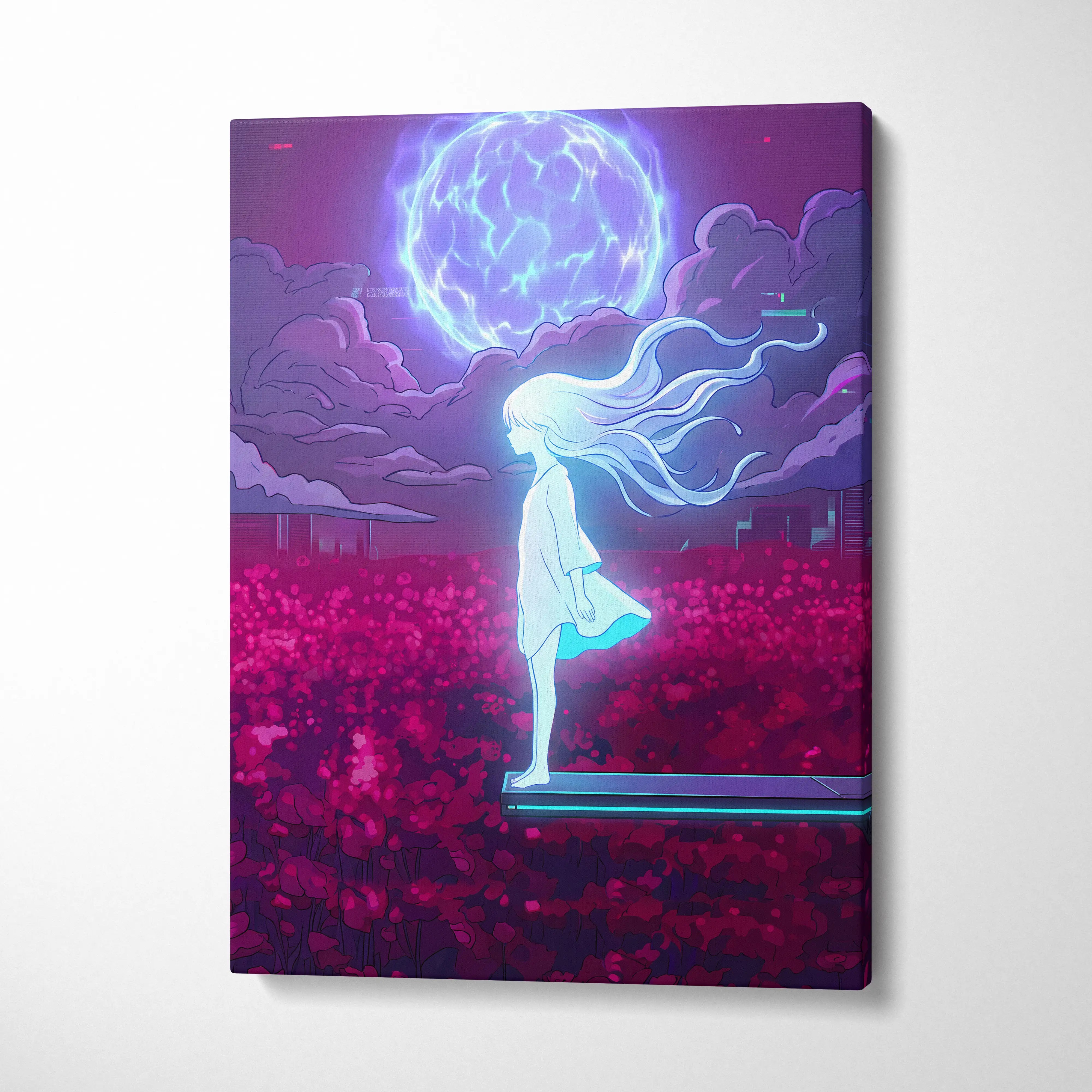 Vaporwave Dreamscape Neon Canvas - Vaporwave Girl Neon Pink Purple Bedroom Decor Dreamy Mood, Synthwave Decor