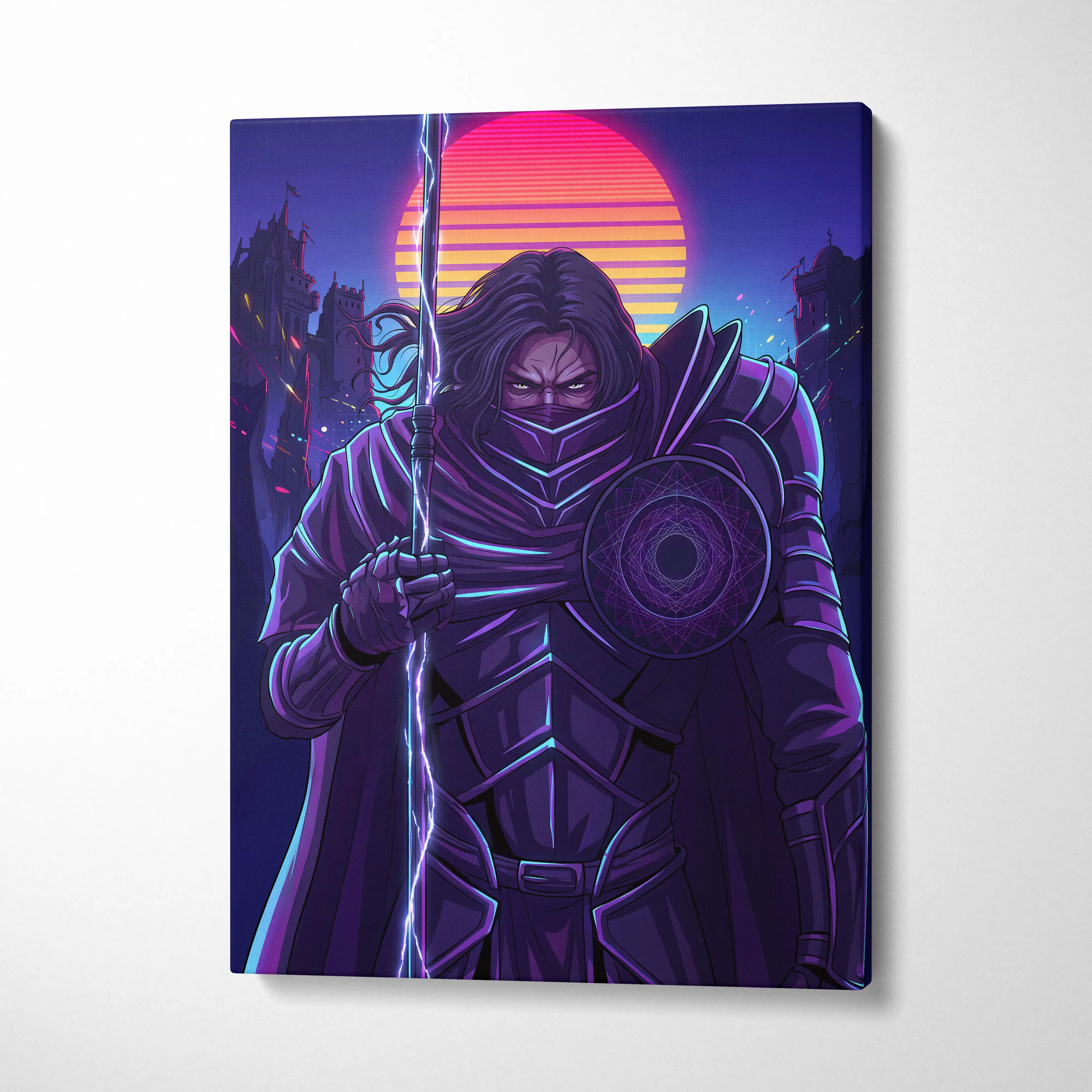 Vaporwave Warrior Neon Sunset Canvas - Vaporwave Warrior Neon Pink Purple Living Room Vaporwave Art Bold Neon Mood Retro Futurism Cyberpunk Wall Art Canvas Print