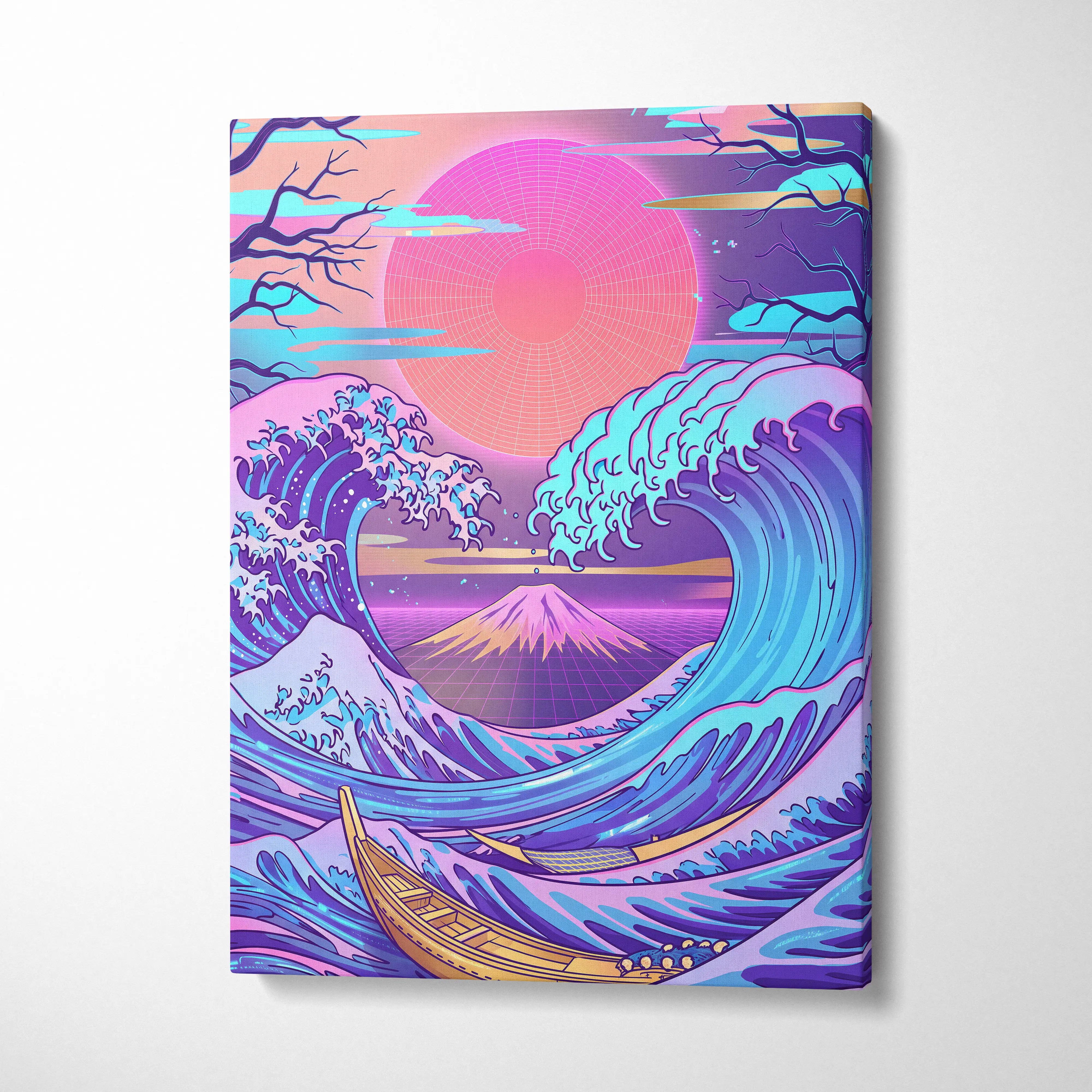 Neon Fuji Vaporwave Canvas - Japanese Landscape Neon Pink Purple Living Room Vaporwave Dreamy Mood Wall Art Canvas