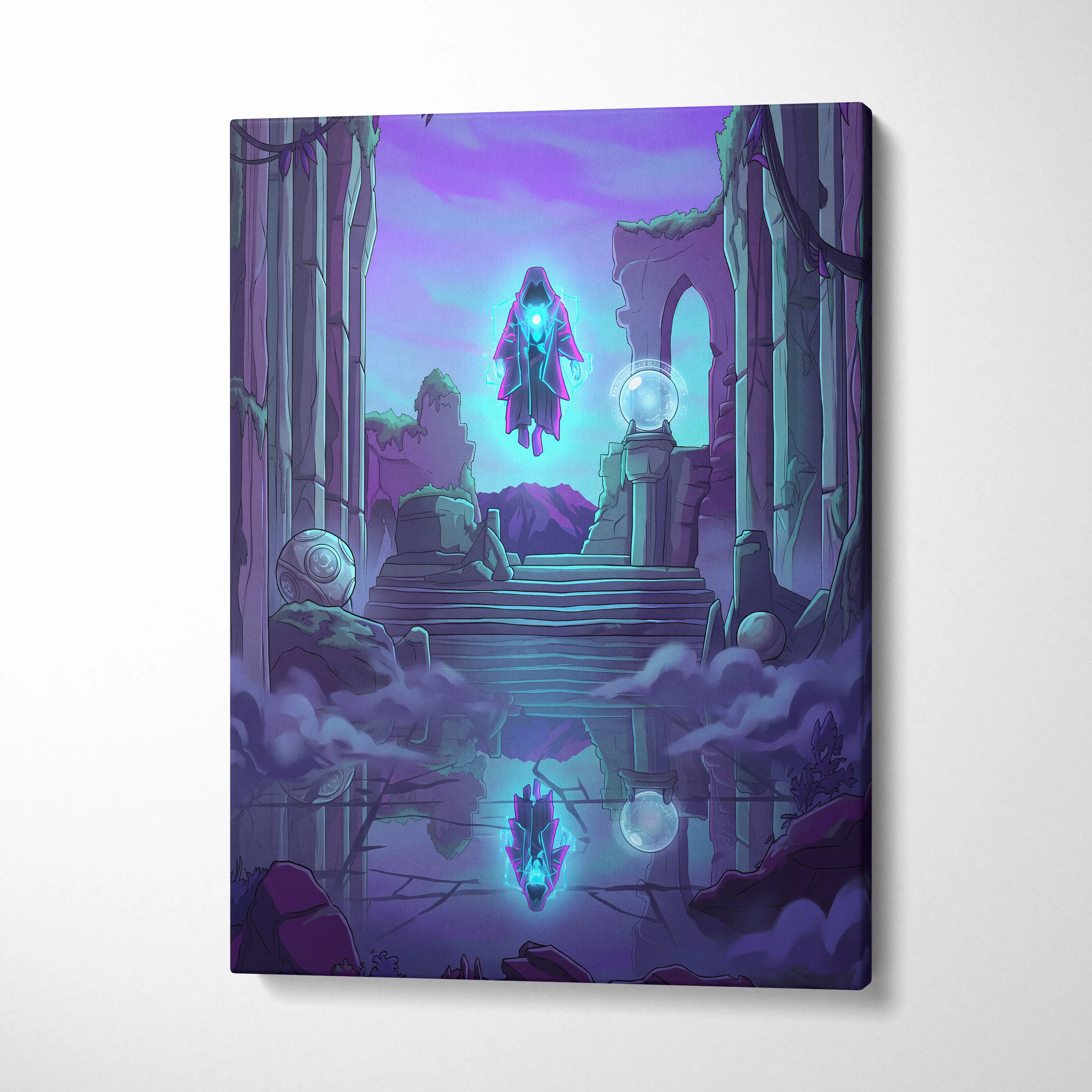 Vaporwave Neon Oracle Canvas - Hooded Figure Neon Purple Blue Vaporwave Living Mystical Mood Neon Decor Canvas