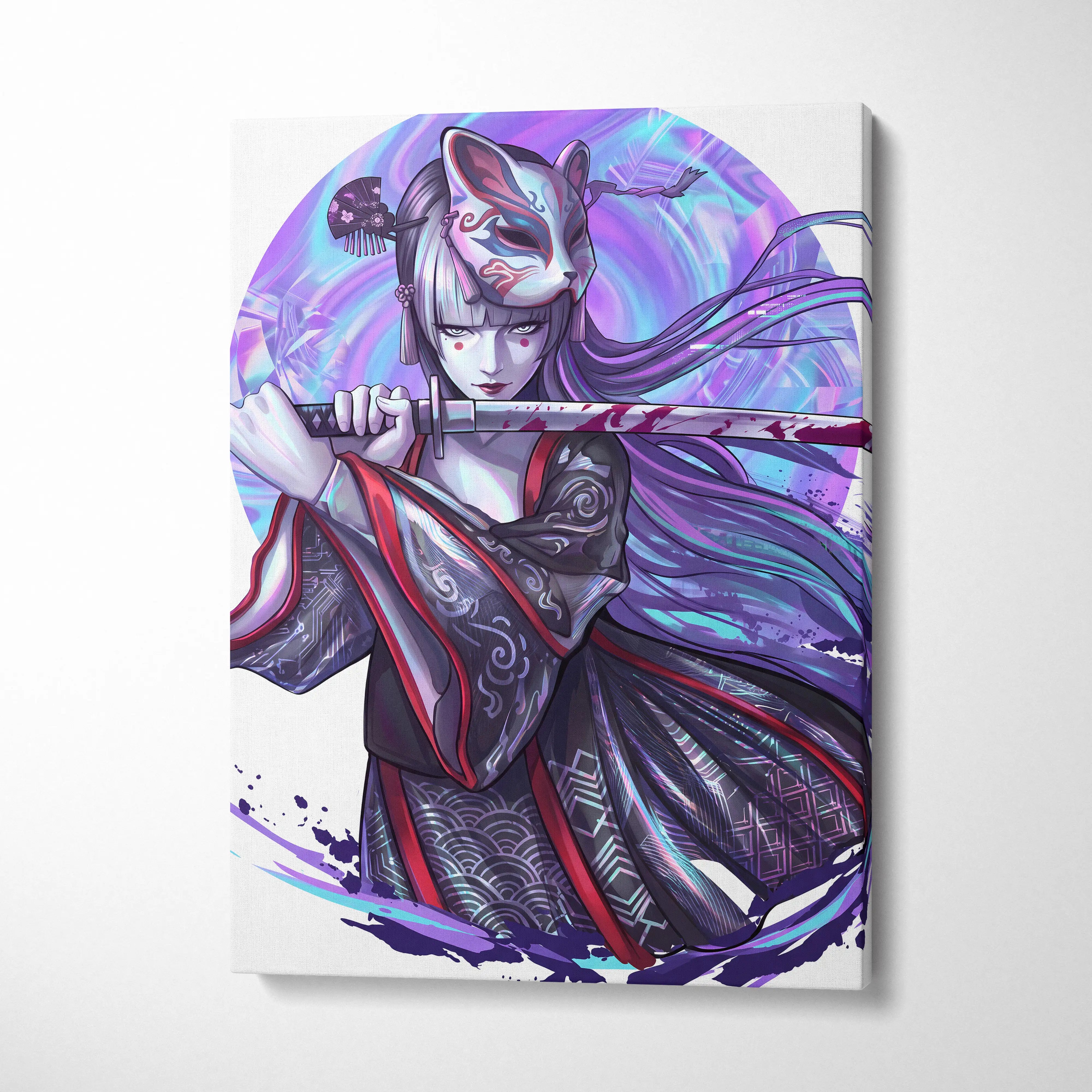 Neon Katana Geisha Vaporwave Canvas - Geisha Figure Neon Purple Blue Vaporwave Mood Mystical Decor Canvas Print