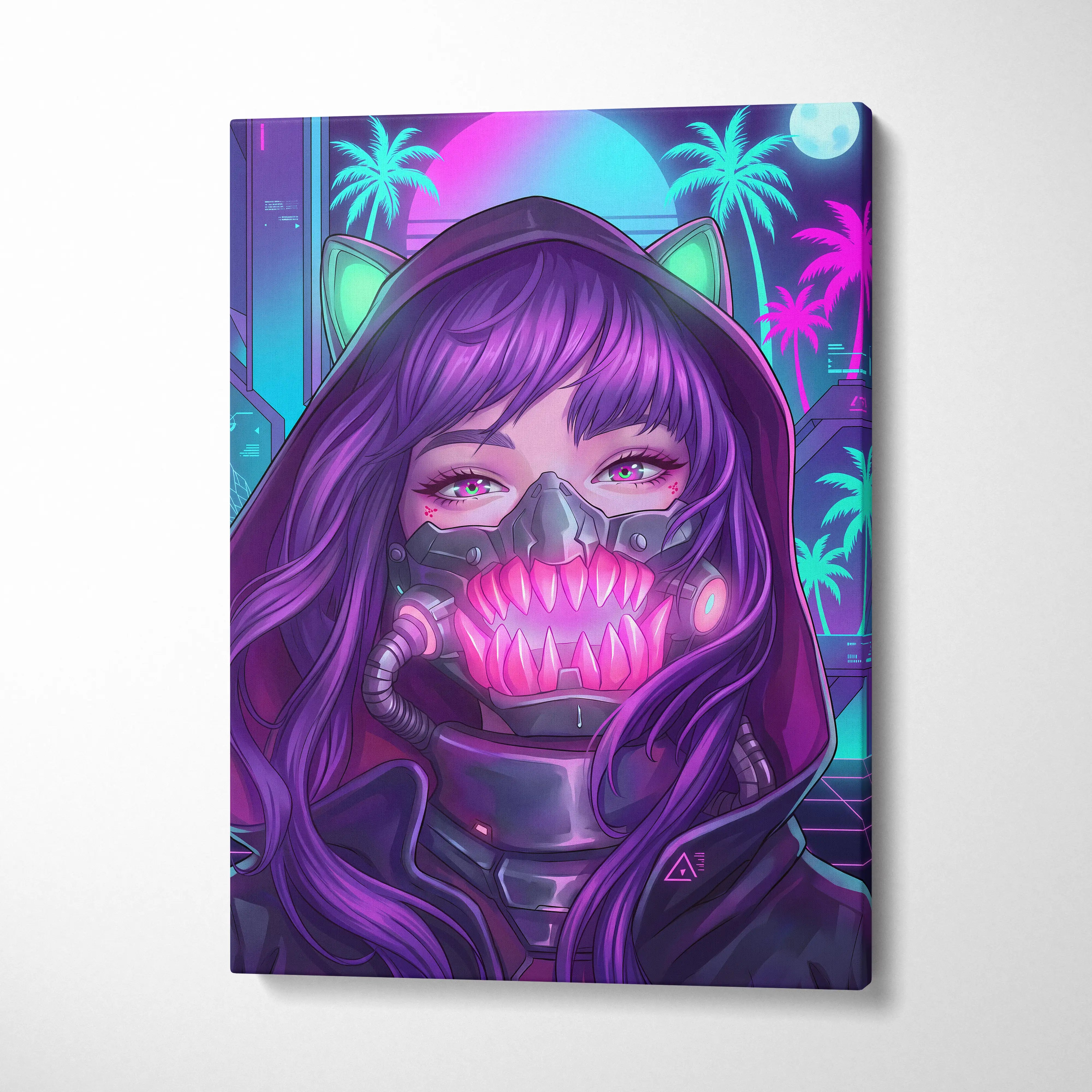 Vaporwave Neon Portrait Canvas - Vaporwave Portrait Neon Pink Purple Living Room Retro Moody Vibes Decor Canvas Print