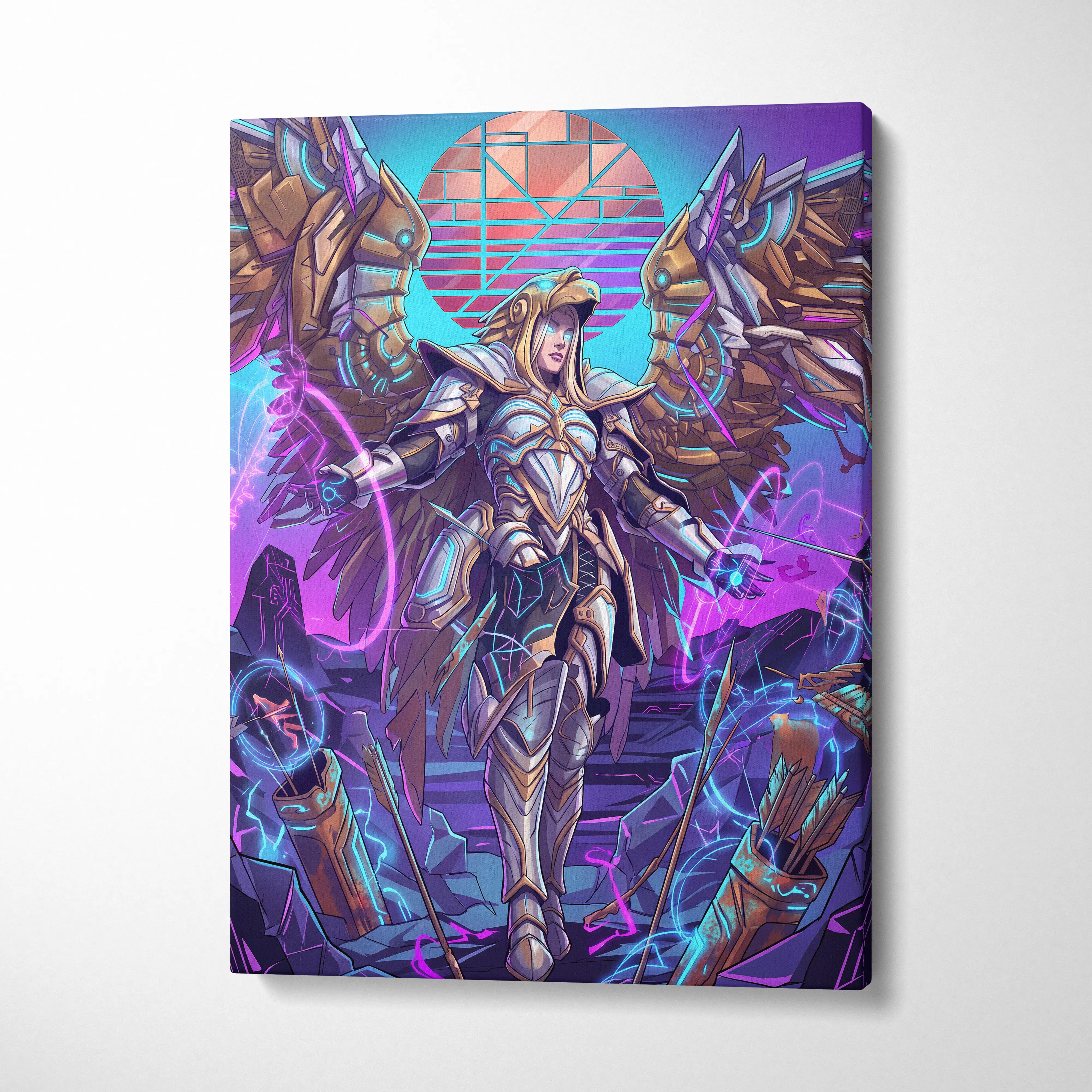 Vaporwave Neon Guardians Canvas - Angelic Knights Neon Pink Blue Living Room Vaporwave Dreamlike Mood Wall Art Canvas