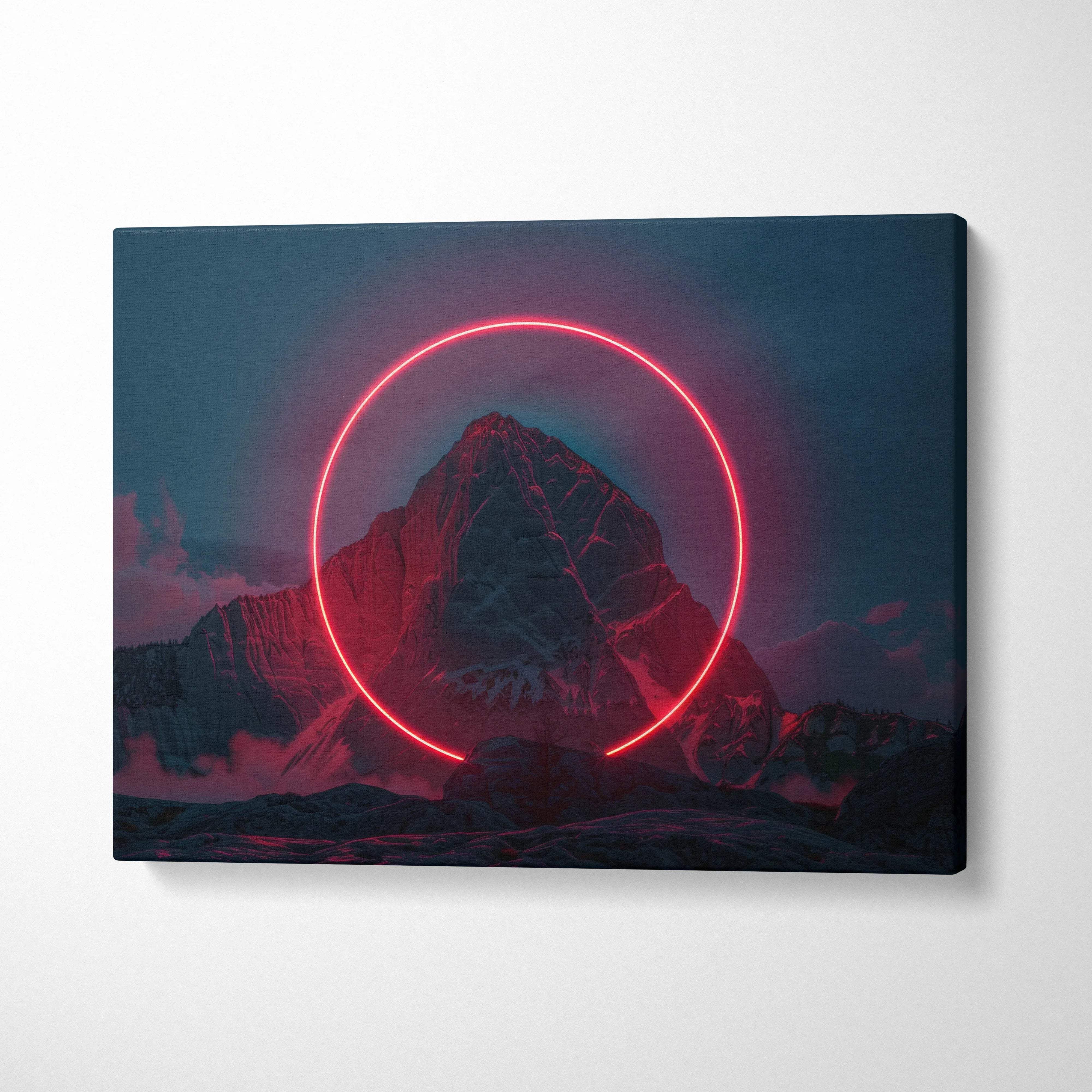 Canvas wall art of red neon glow over snowy mountain peak at twilight