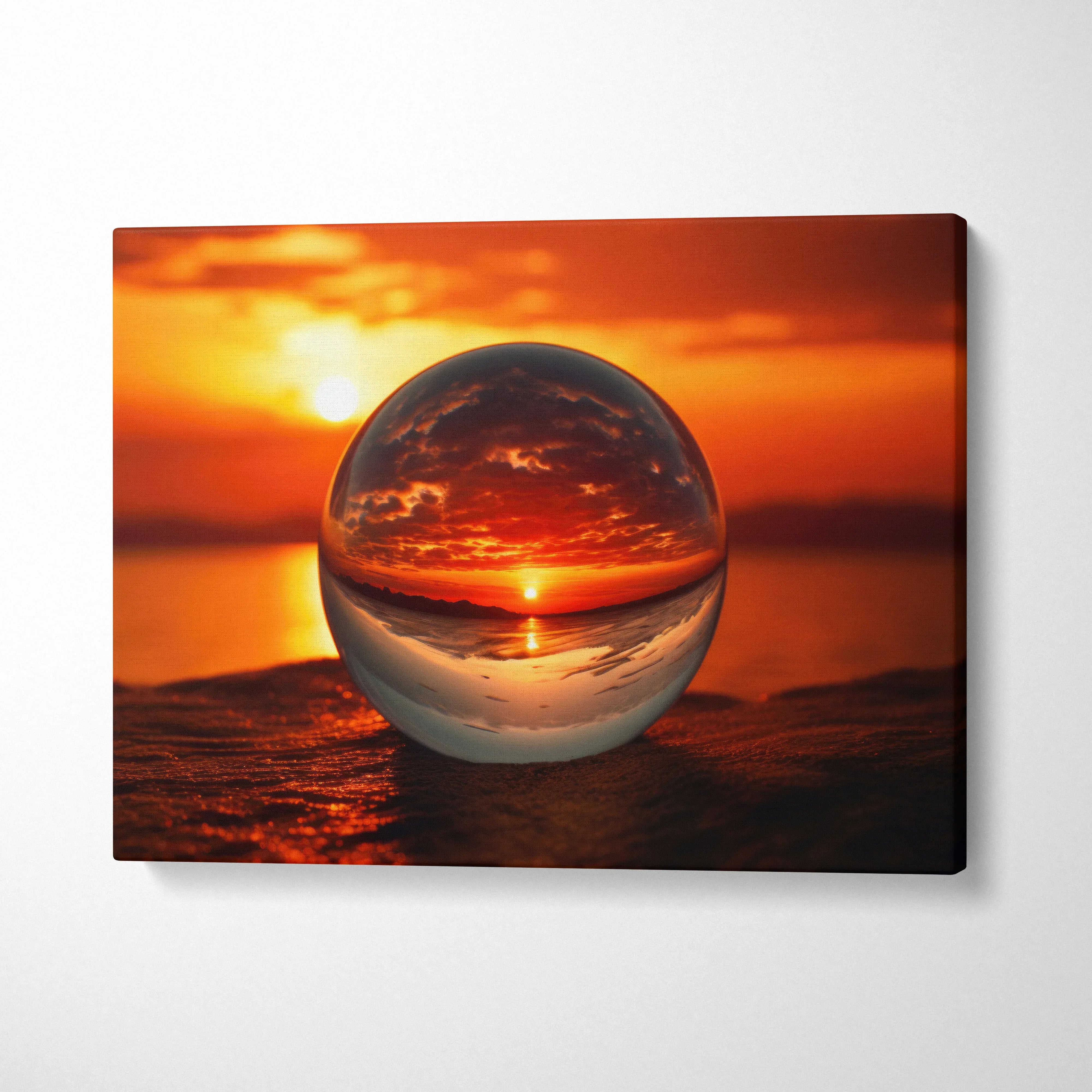 Hyperrealistic canvas print of glass sphere reflecting beach sunset