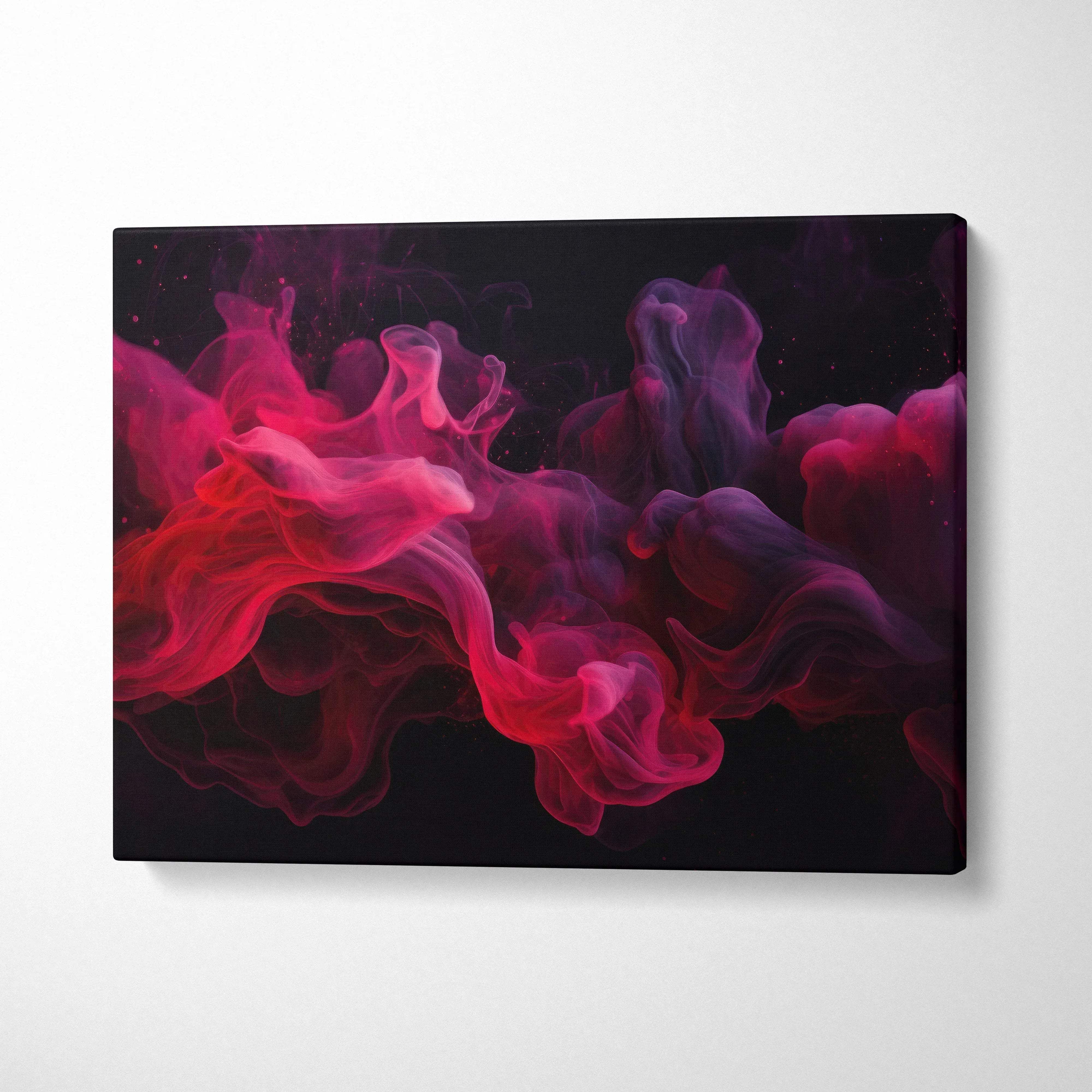 Vibrant abstract digital art wall art with swirling red and purple smoke on black canvas.