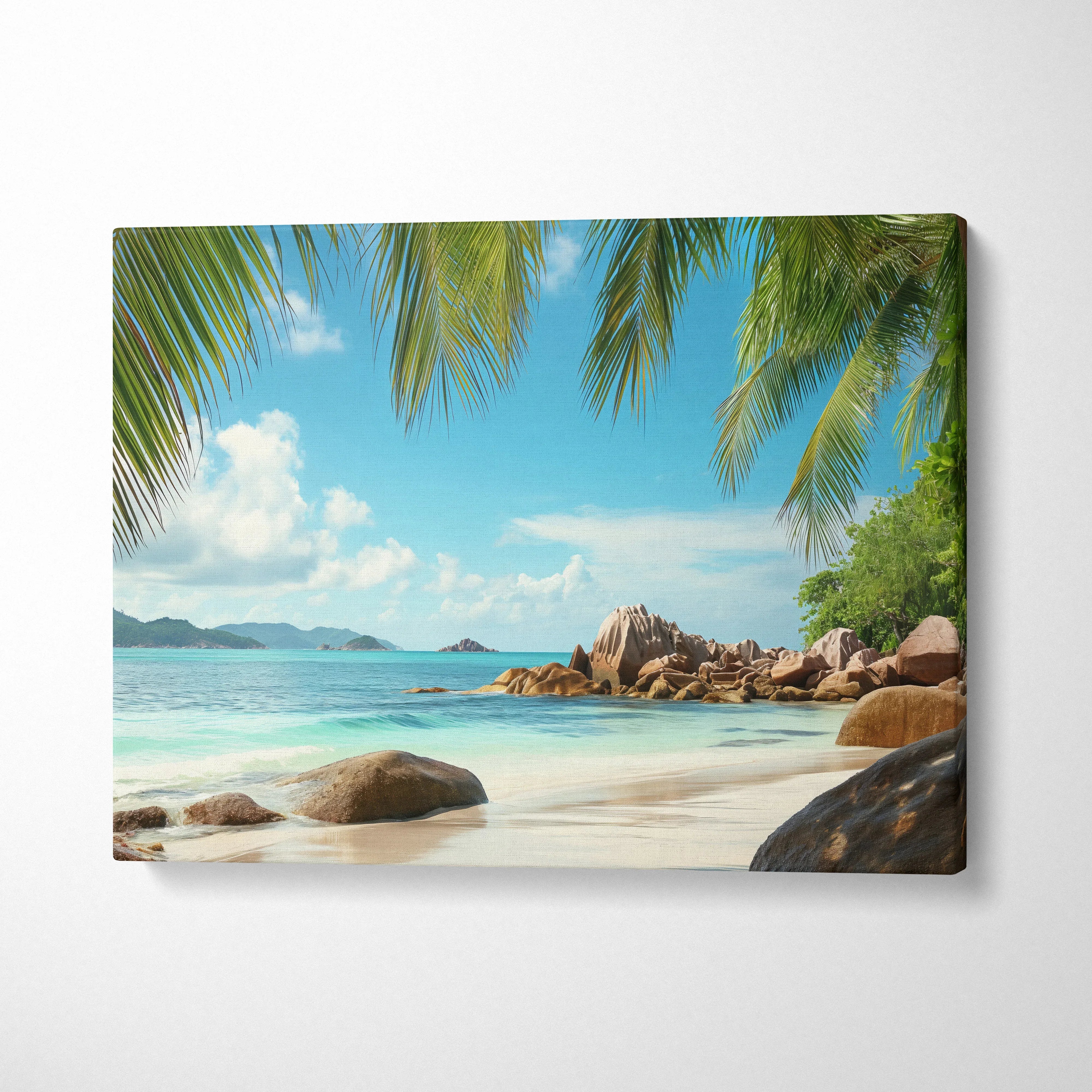 Beige canvas print of Seychelles tropical beach with turquoise ocean and palm trees