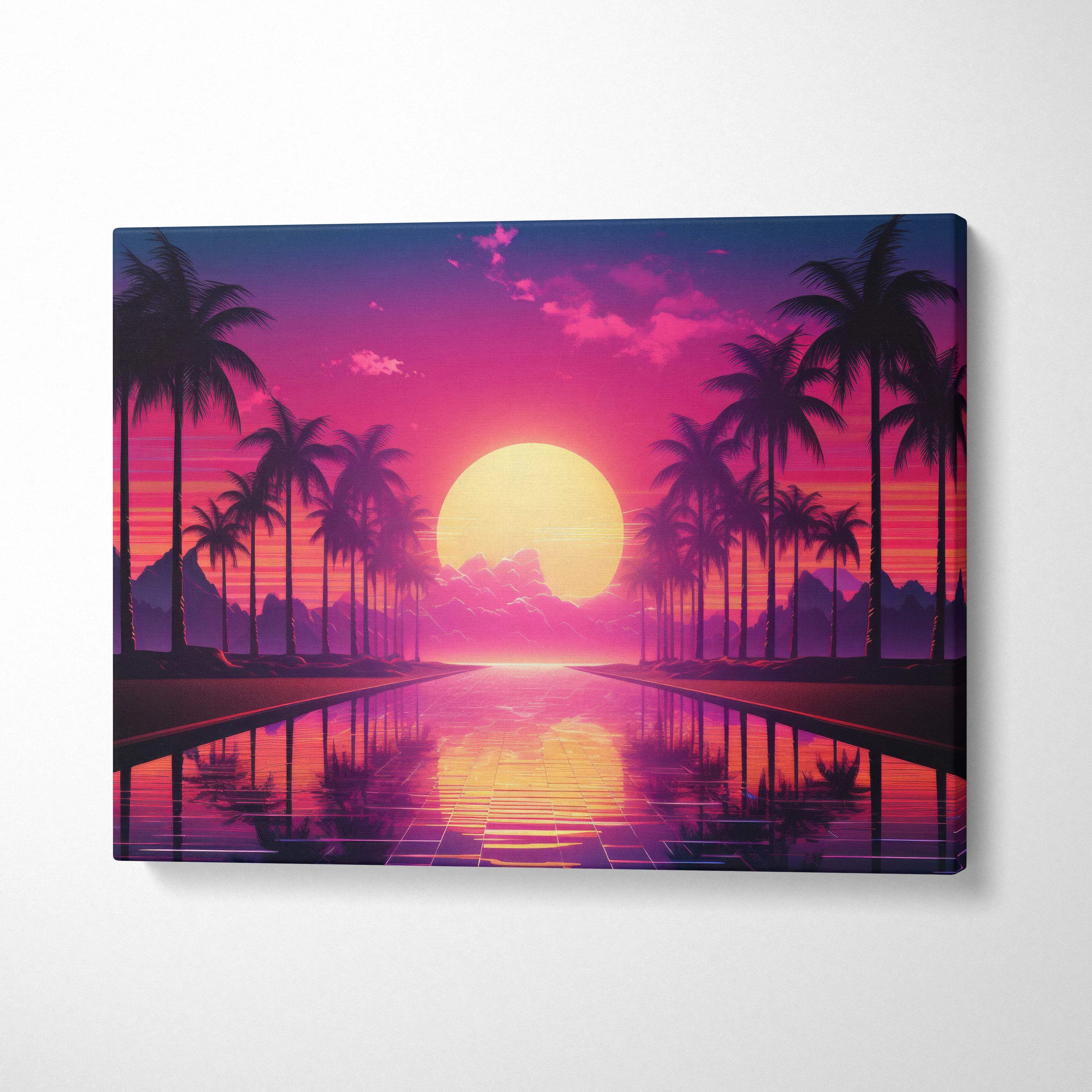Vibrant retro synthwave canvas print of pink purple sunset over palm trees in neon glow
