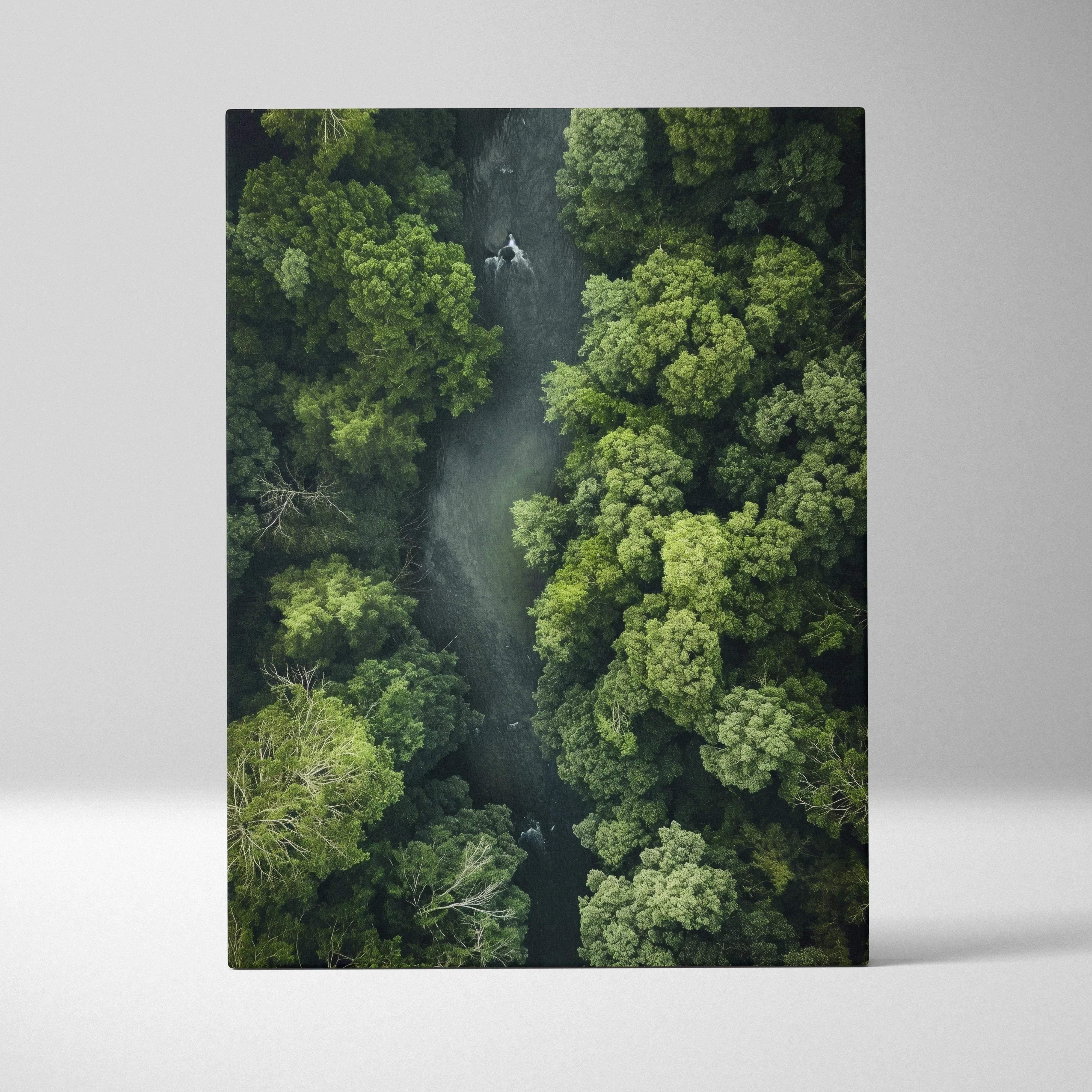 A rectangular canvas print of a lush green forest canopy with a misty river in a serene aerial landscape design