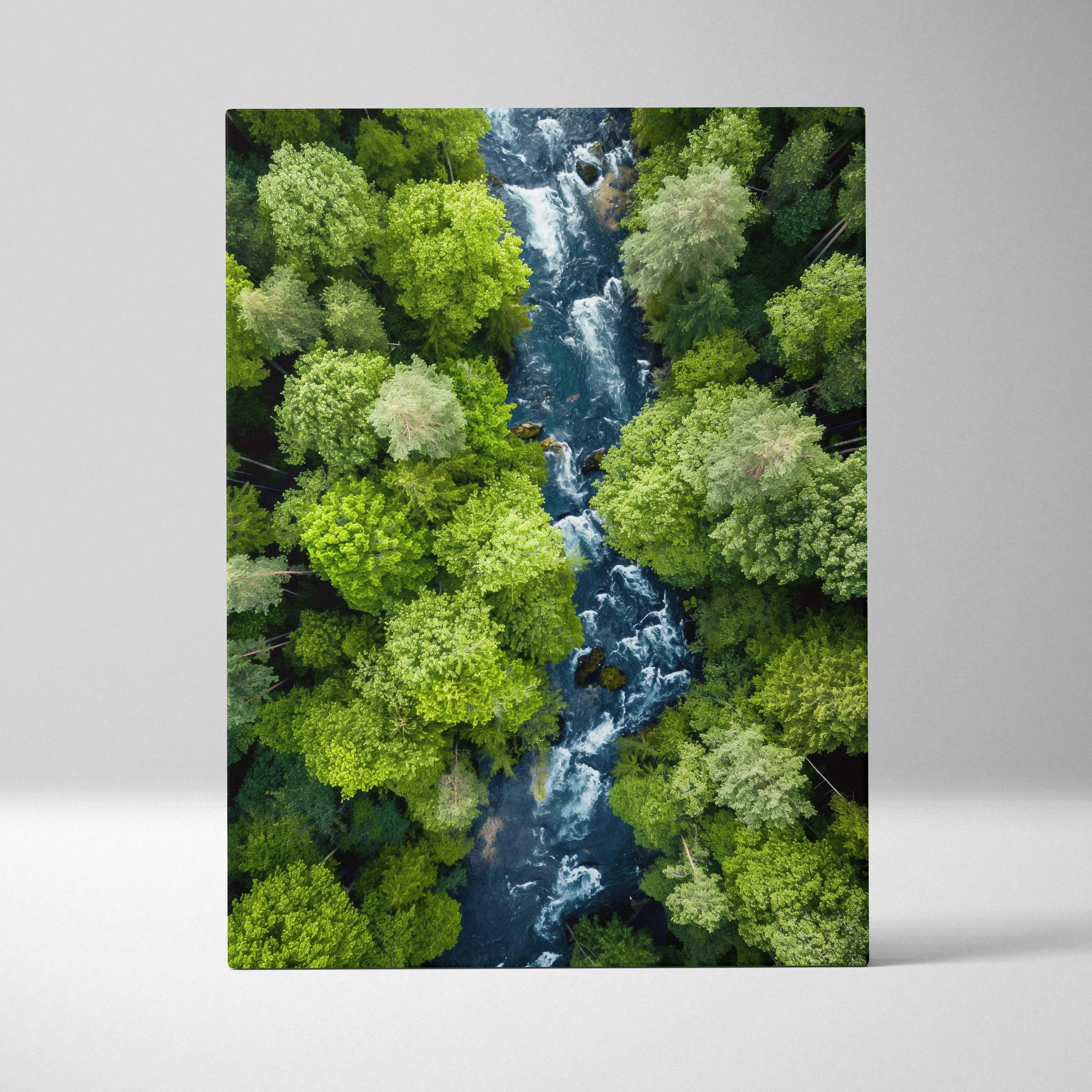 Rectangular canvas wall art featuring a vibrant aerial view of a winding river through lush green forest canopy