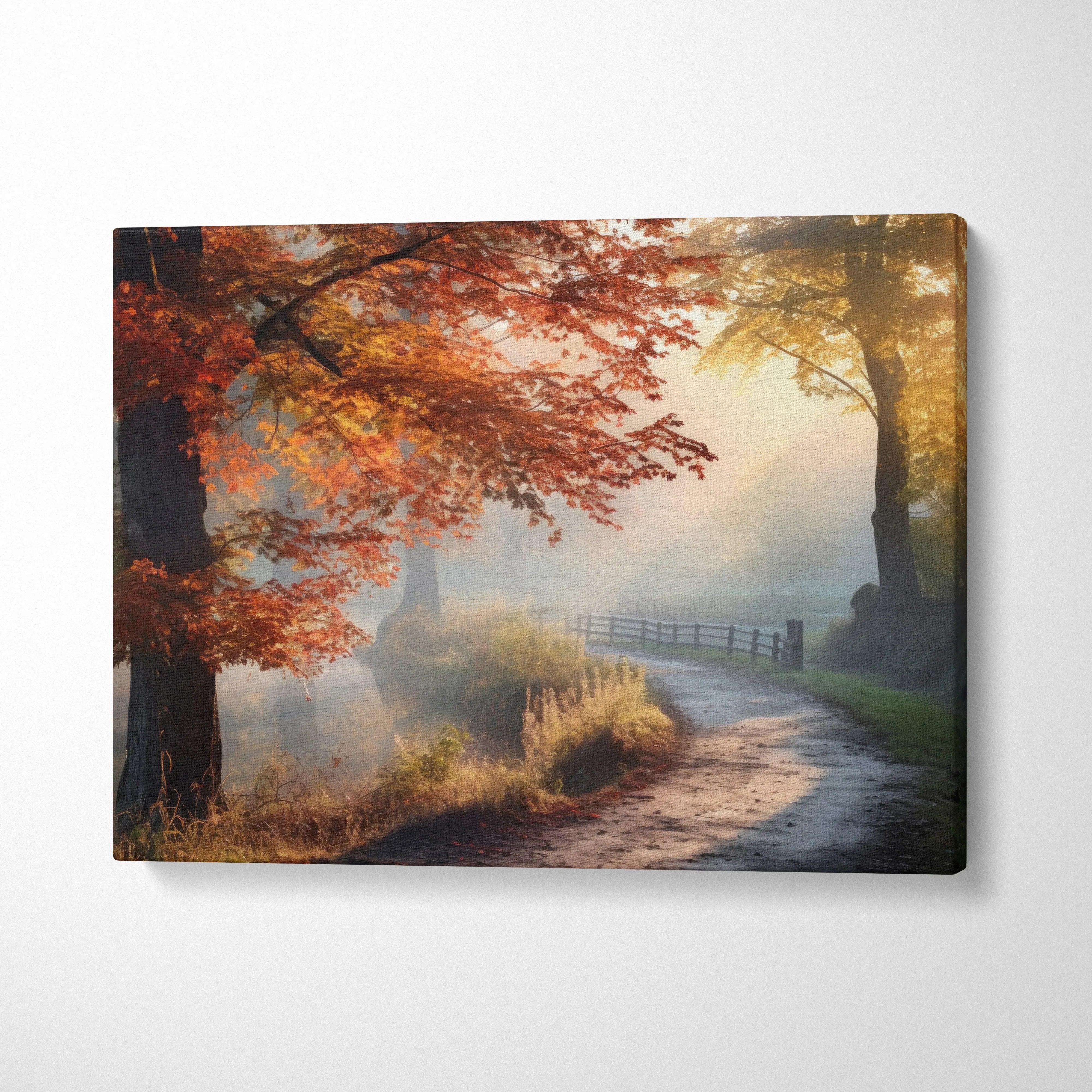 Autumn forest path with golden and red leaves canvas wall art in soft misty light.
