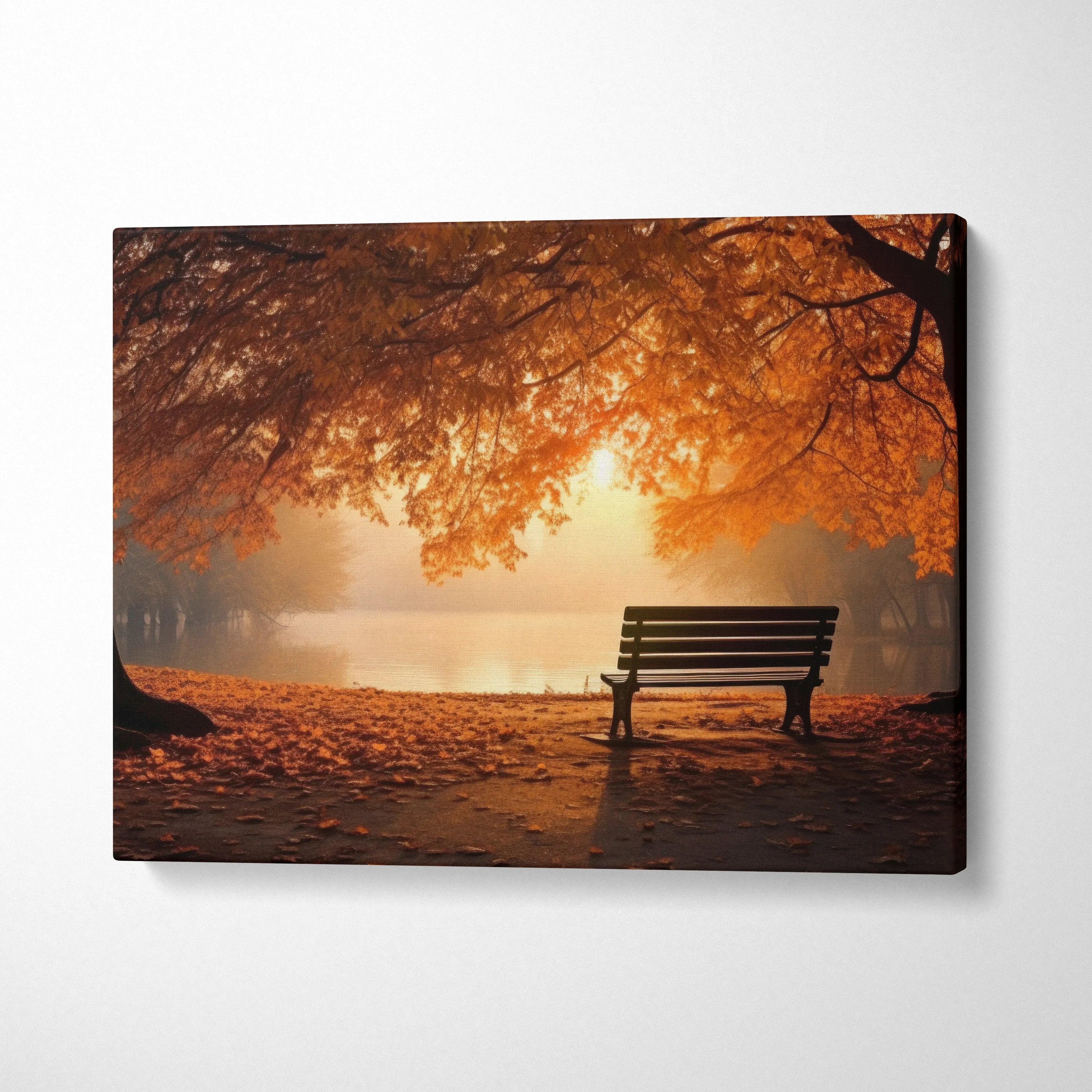 Autumn nature digital art canvas wall art featuring a solitary bench under vibrant orange leaves at sunset.