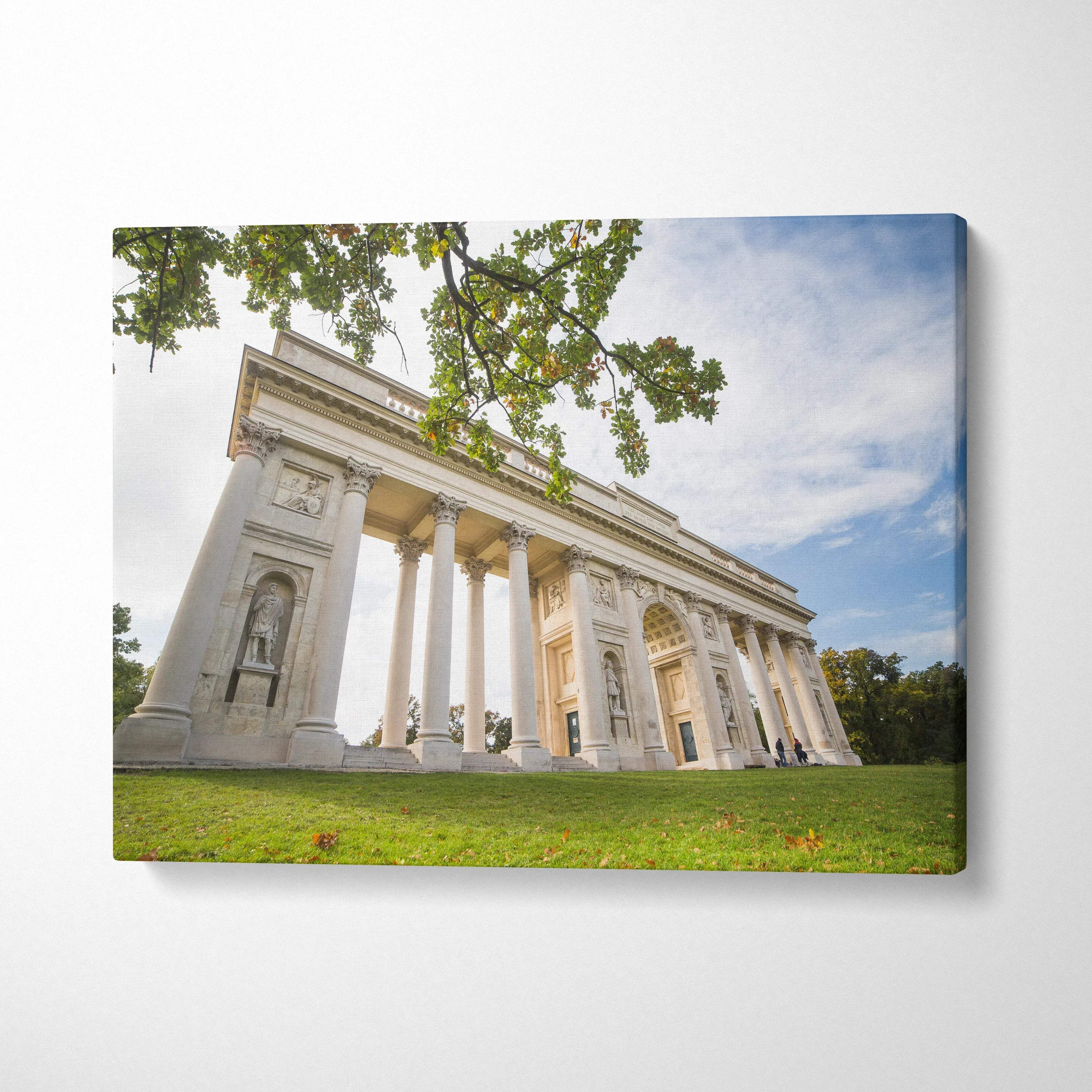 Canvas wall art featuring classical stone building with tall columns under a blue sky.