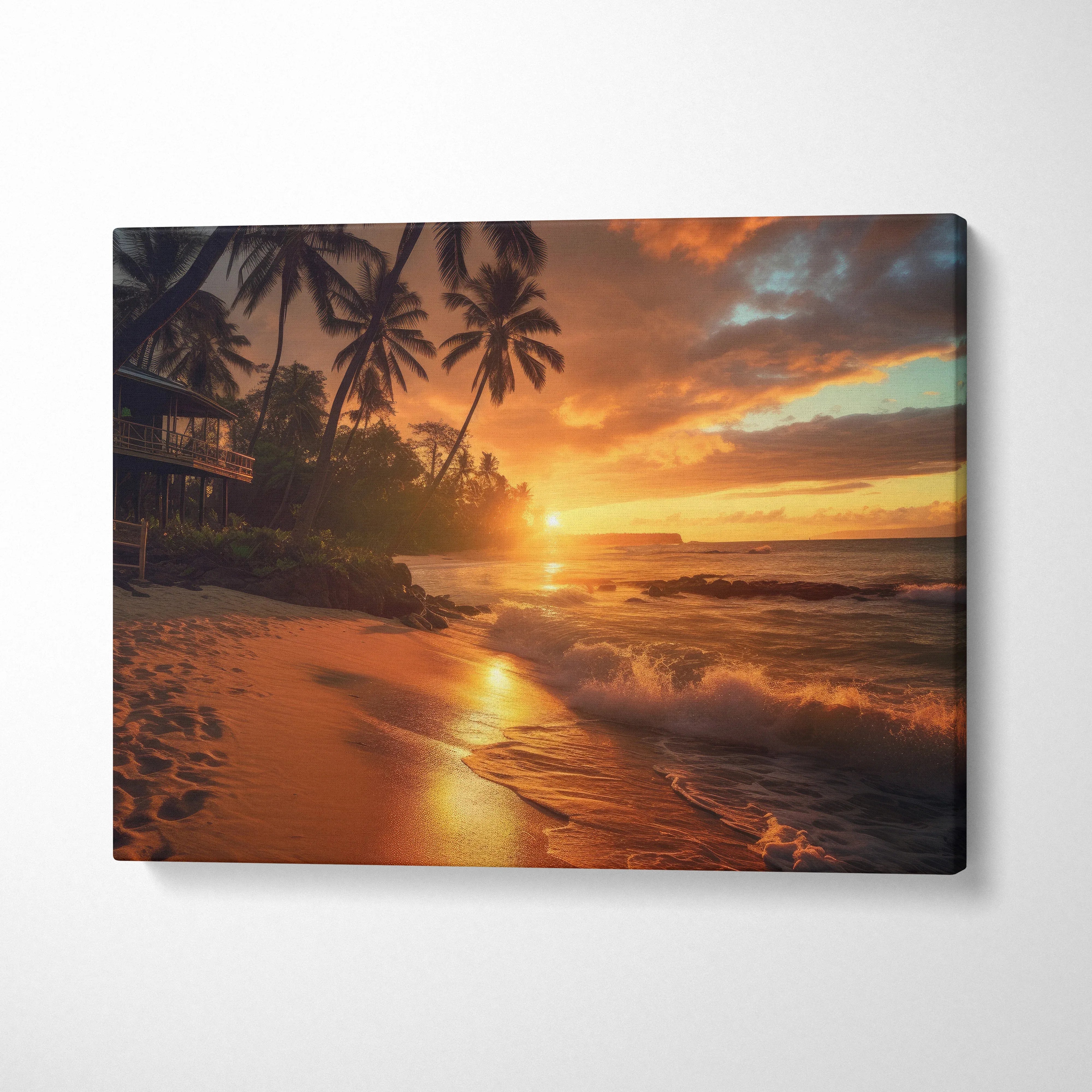 Canvas wall art of a tropical beach at sunset with palm trees and golden sky reflections on water.
