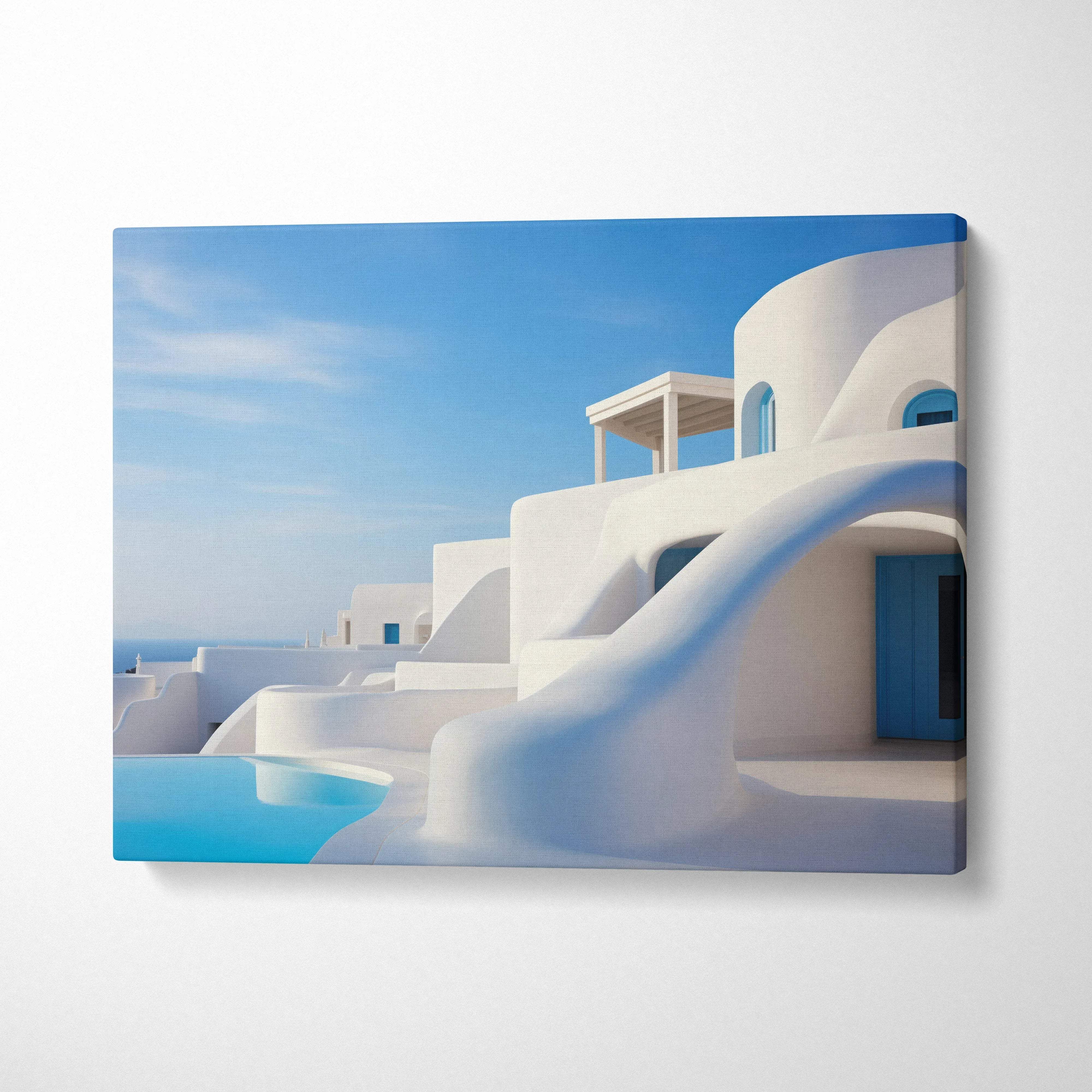 Canvas wall art featuring stunning white Mediterranean architecture against a bright blue sky.