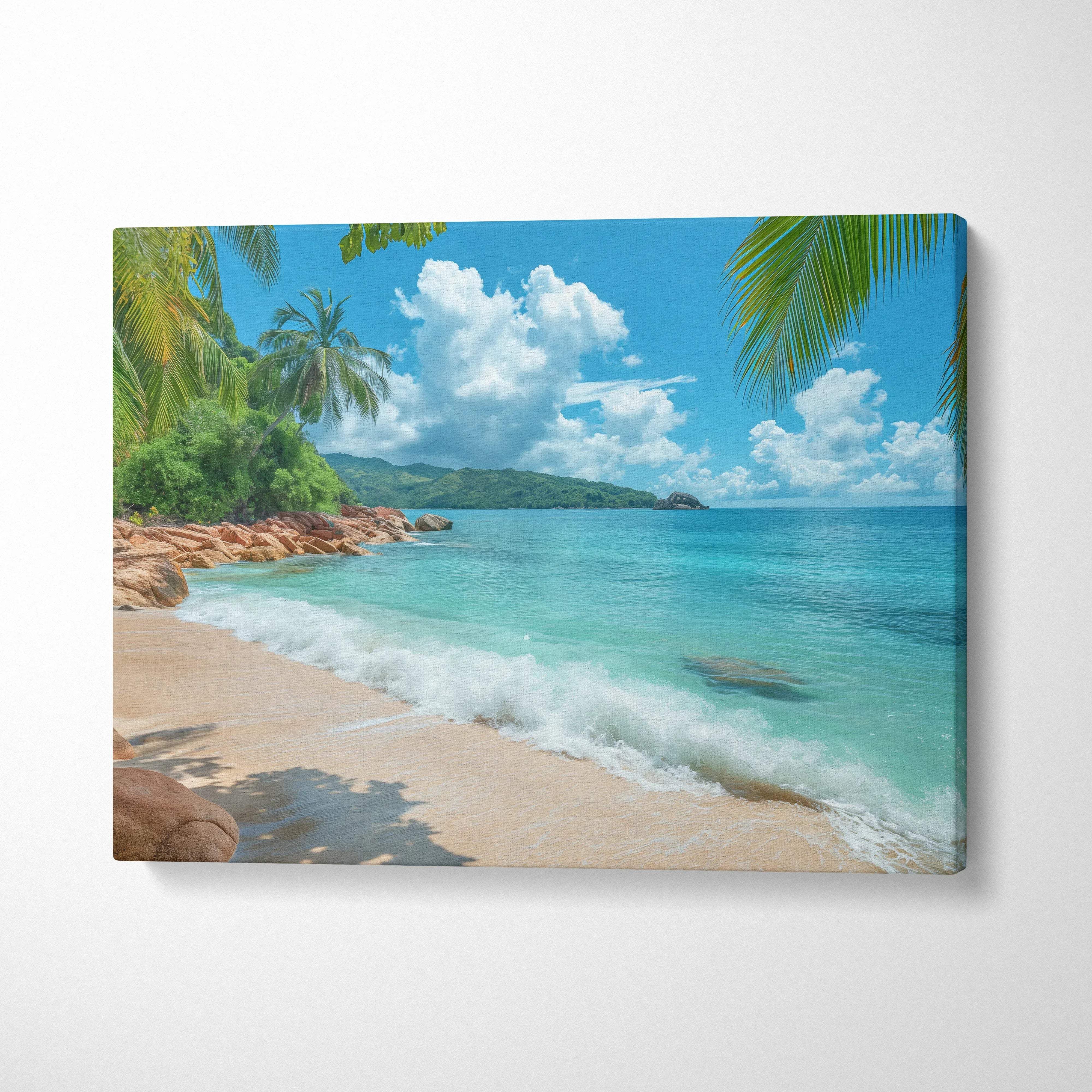 Tropical Seychelles beach canvas print with turquoise waves, golden sands, palms