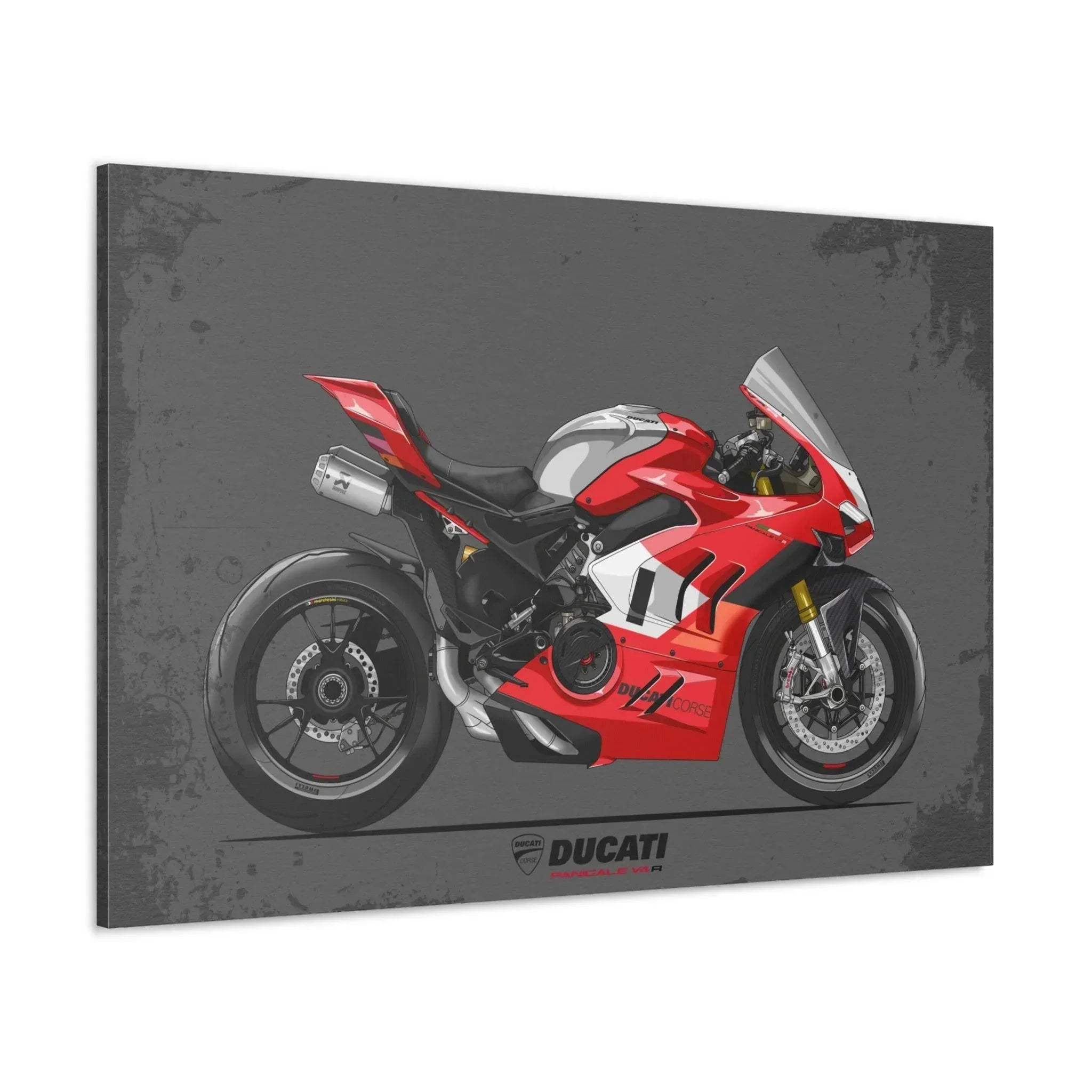 Red Ducati V4R motorcycle on gray background canvas wall art with bold detailing and sleek design.