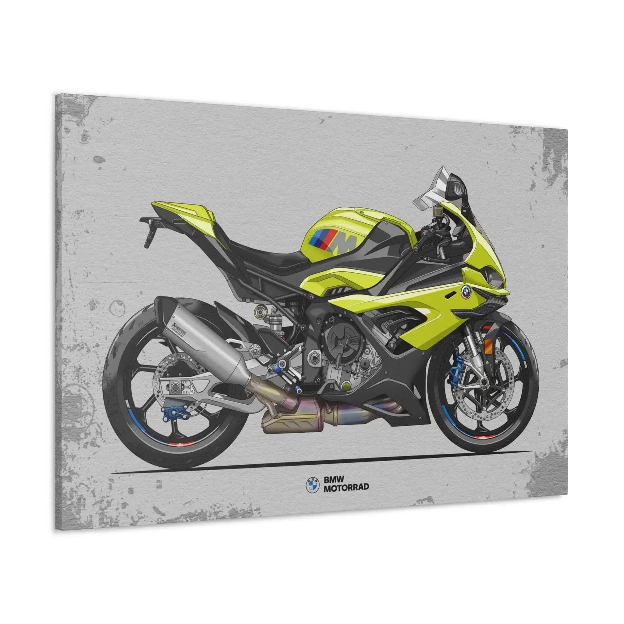 BMW M1000RR motorcycle illustration on grey textured canvas wall art with vibrant yellow accents.
