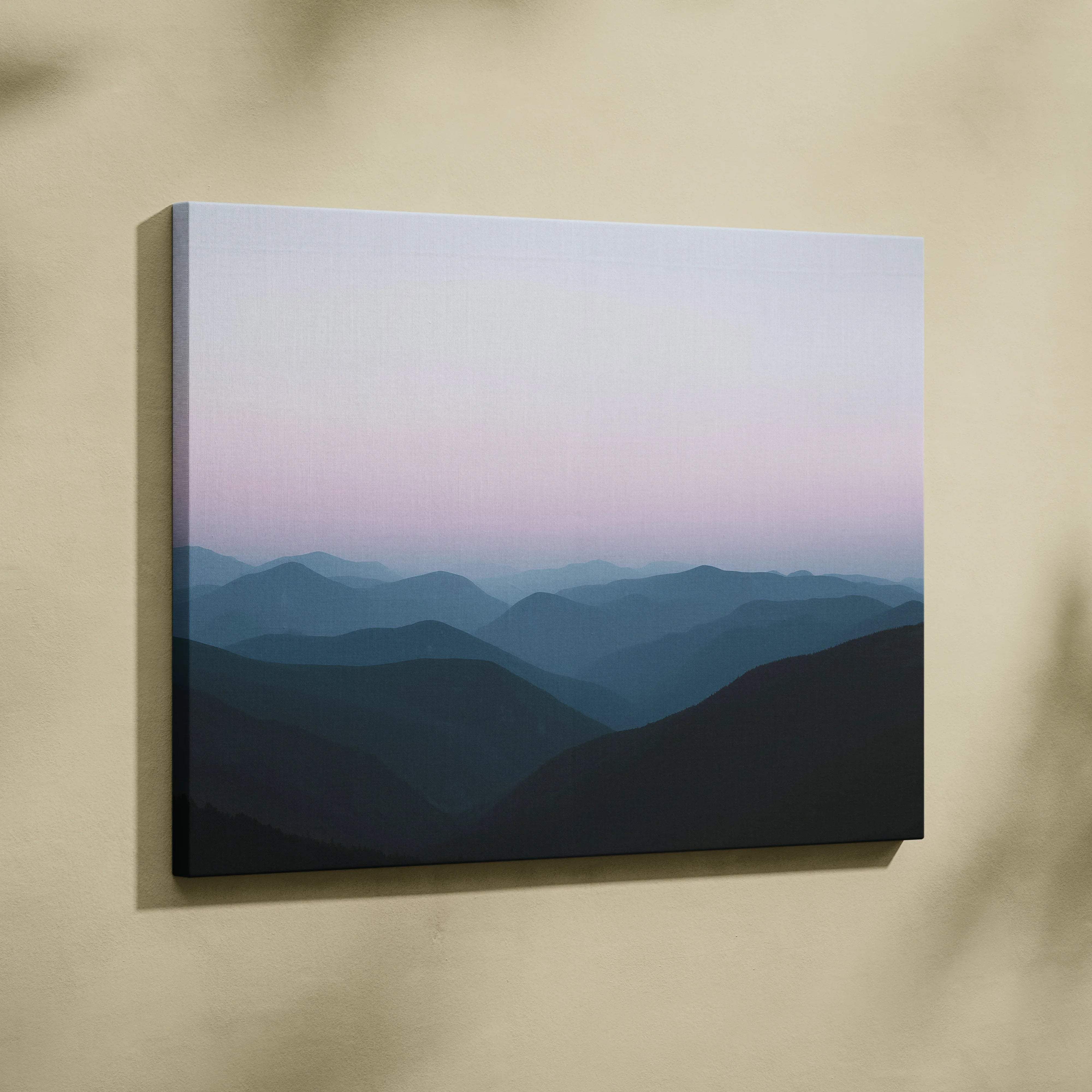 Canvas print of foggy mountain landscape in soft pink blue gradient