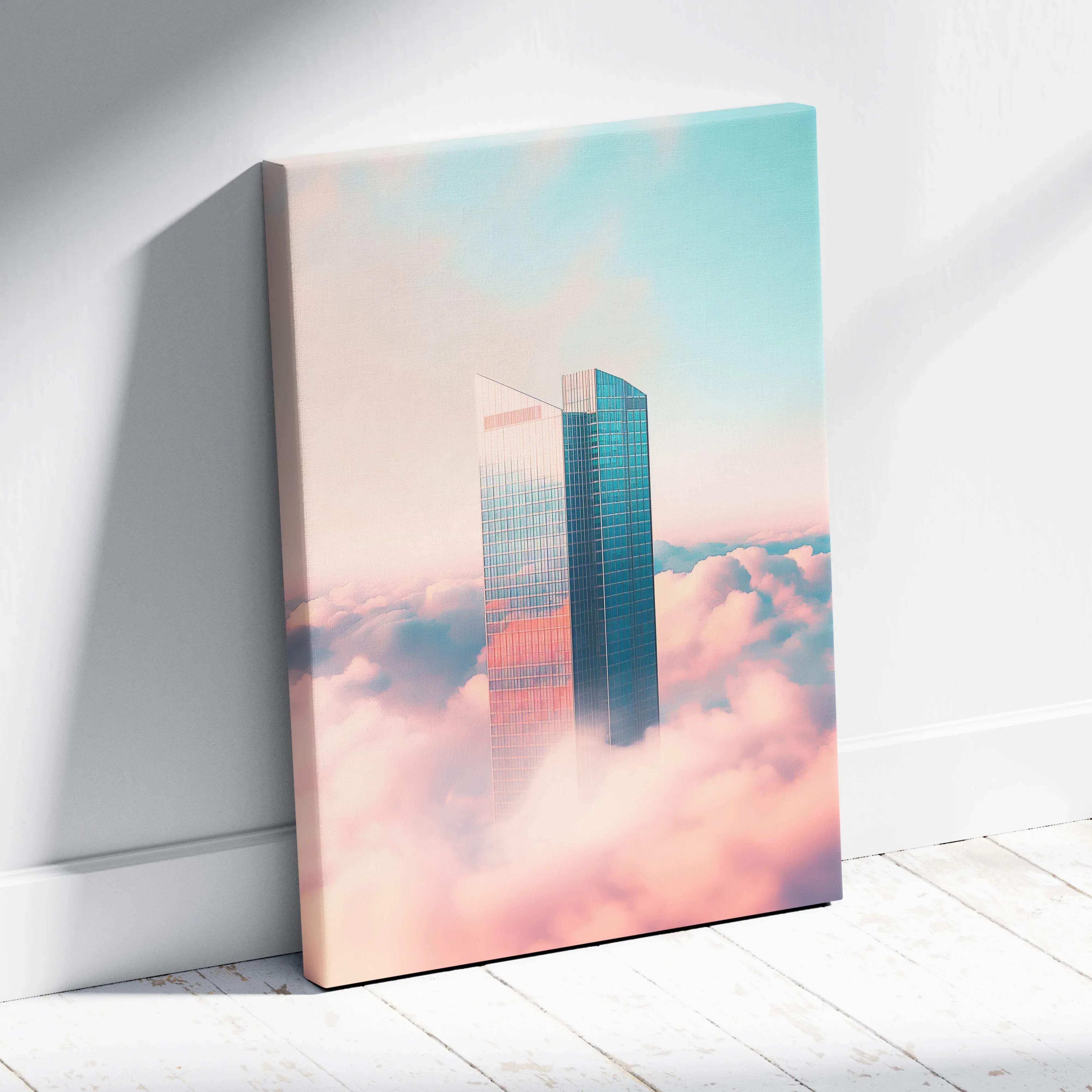 Modern minimalist canvas wall art featuring a sleek glass skyscraper with pastel pink and blue clouds for home decor