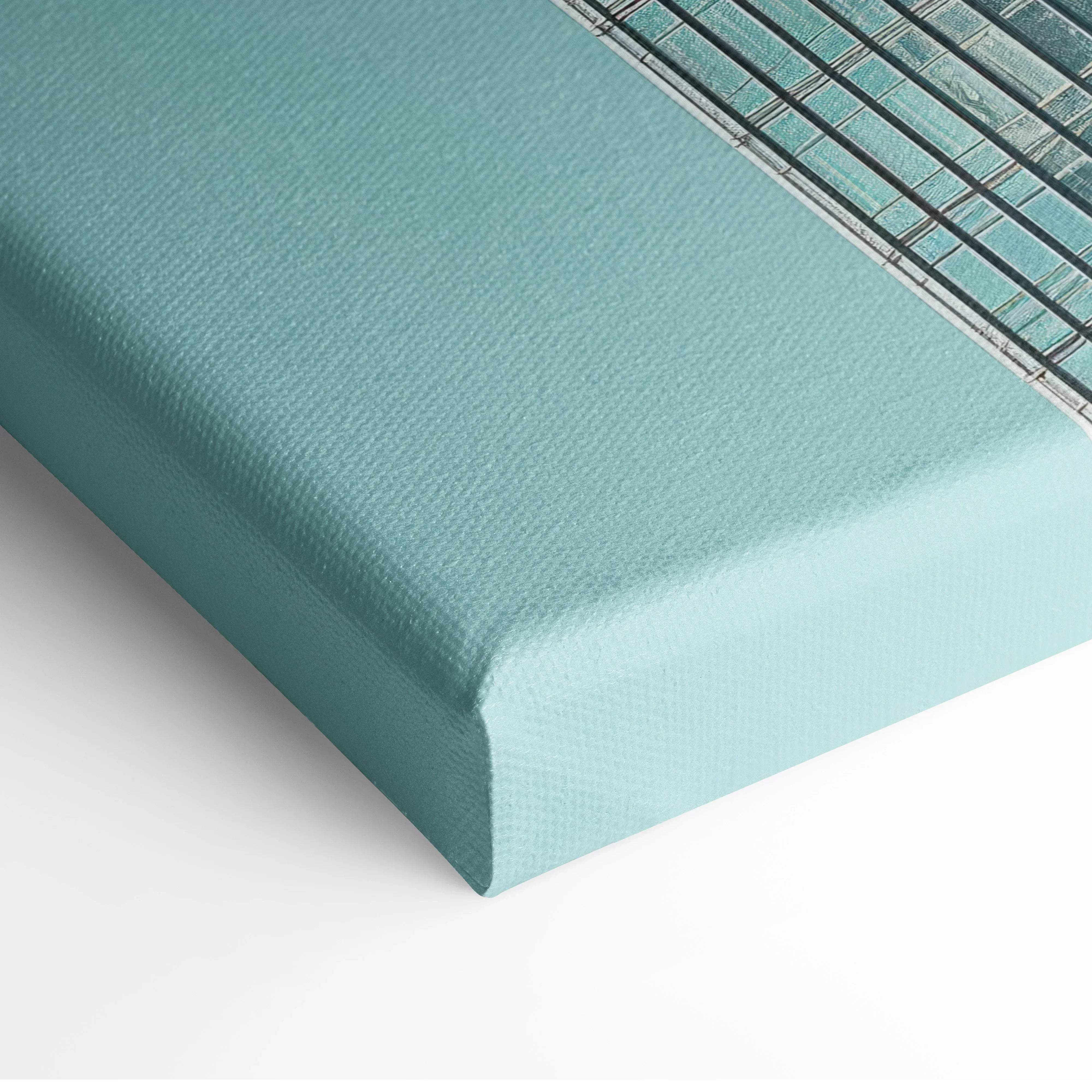 Teal minimalist skyscraper architecture canvas wall art with textured surface and subtle grid pattern on edge