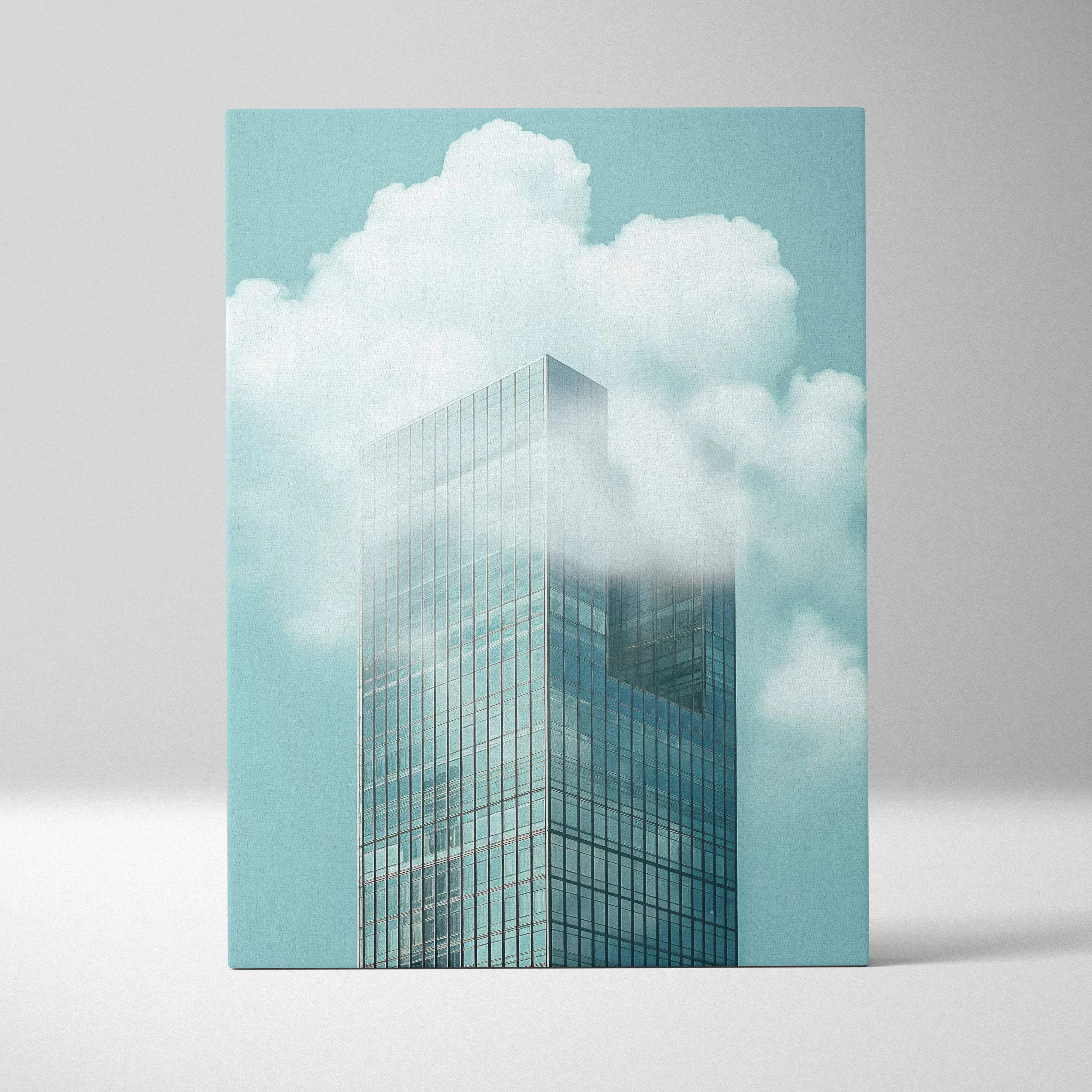 Minimalist skyscraper architecture canvas wall art featuring a sleek teal glass facade with clouds in a light blue sky