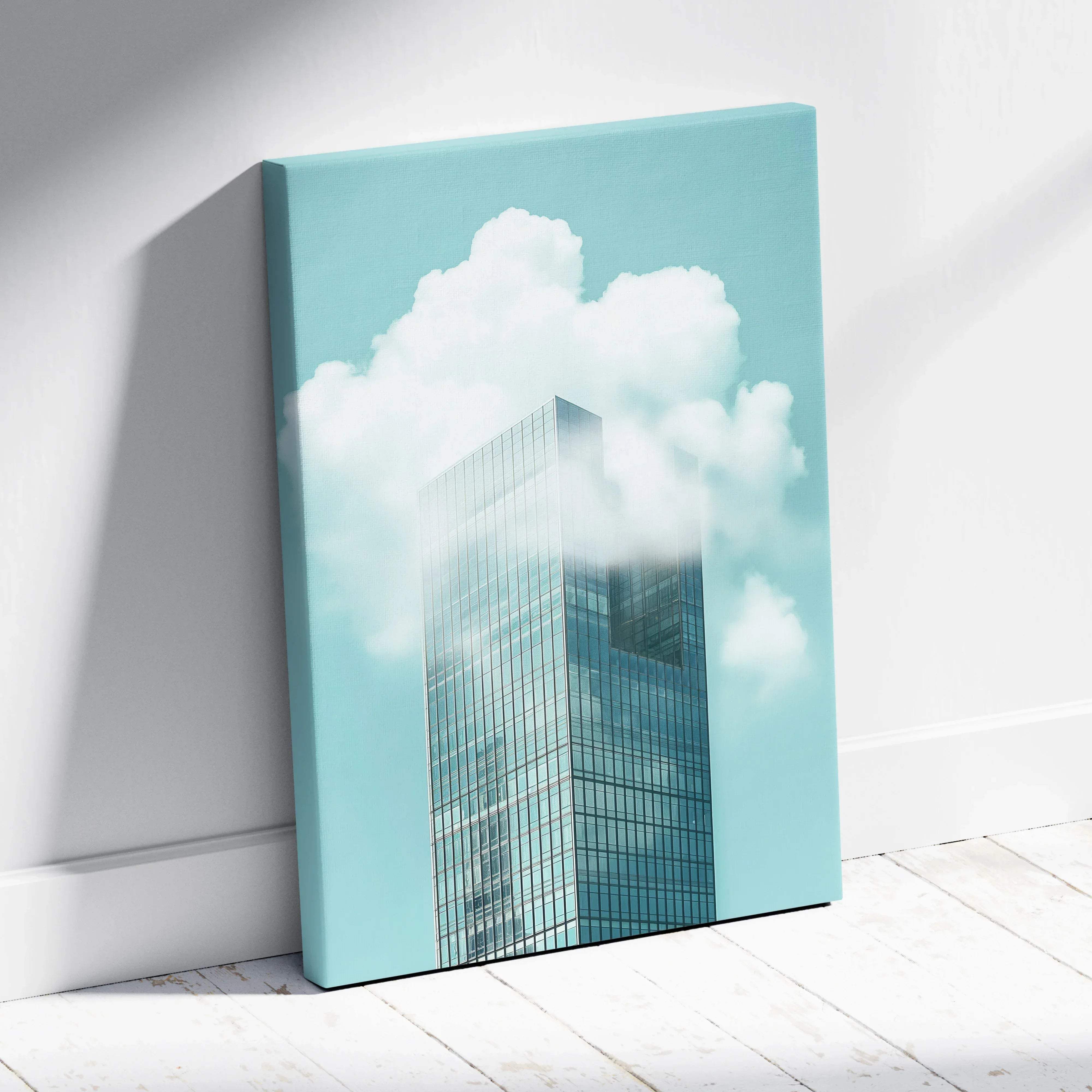 A modern canvas print of a sleek glass skyscraper with clouds against a soft teal sky minimalist wall art