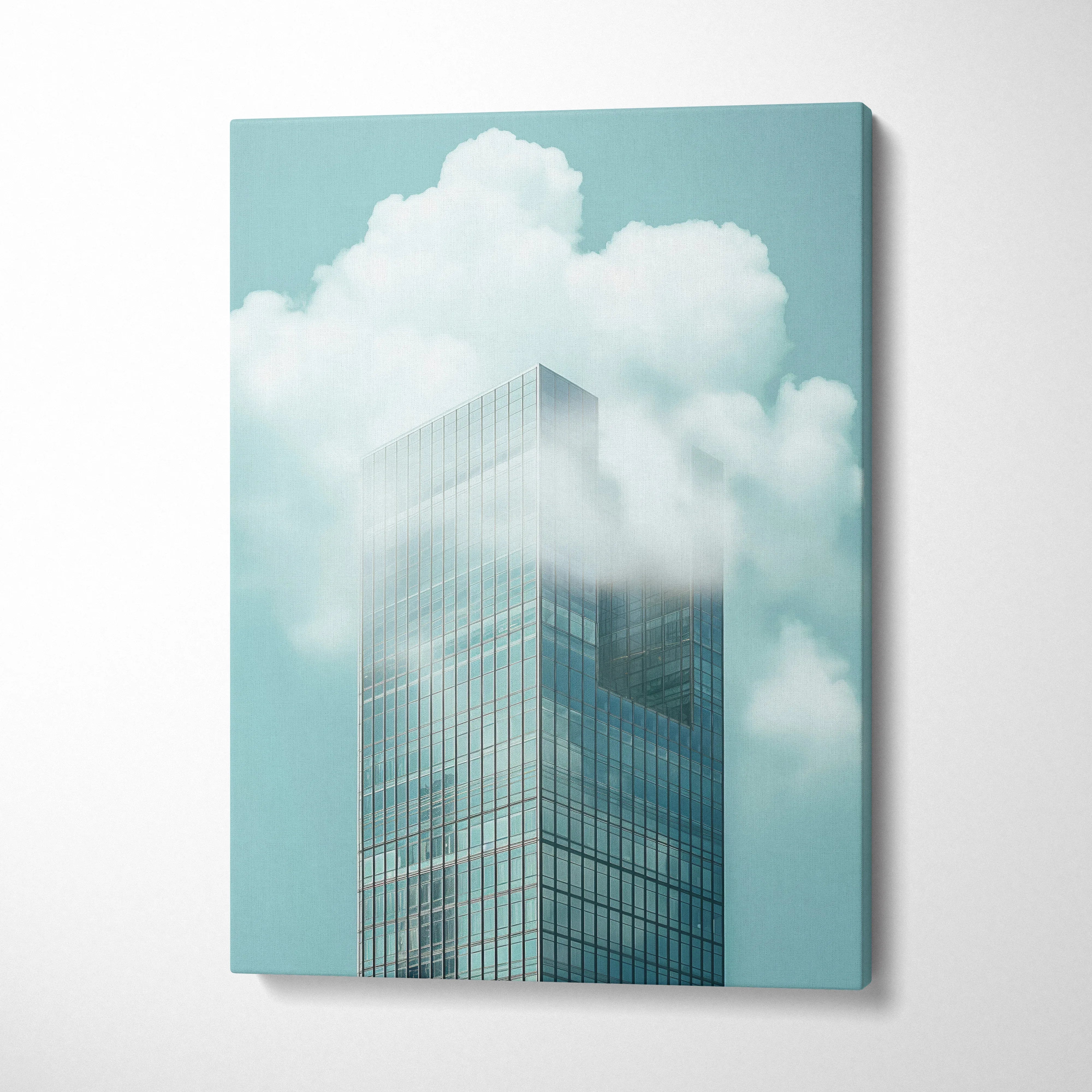 Modern minimalist skyscraper canvas art with reflective glass building and soft clouds wall art.