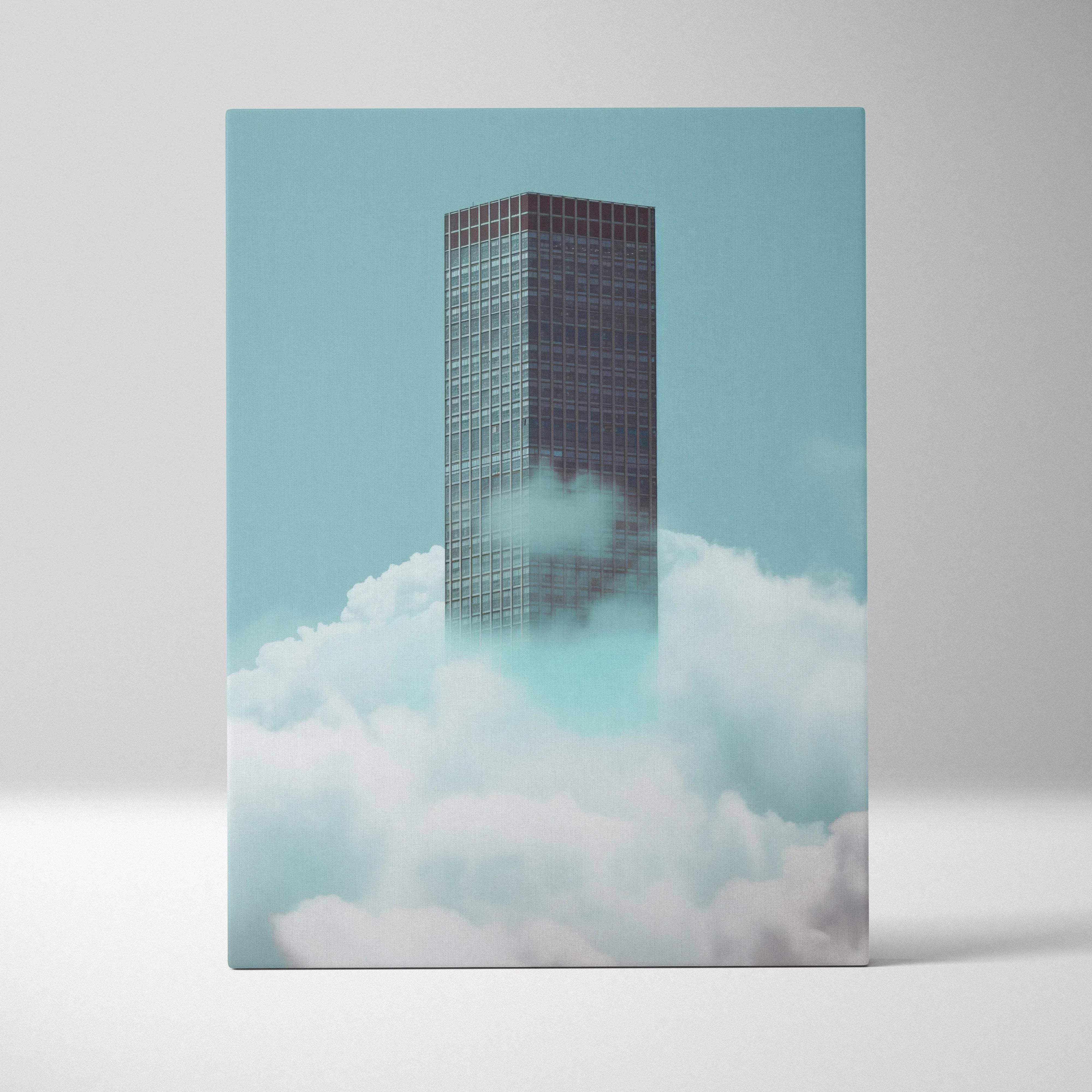 Modern minimalist glass skyscraper canvas wall art with dark frame teal calm tone for living room decor