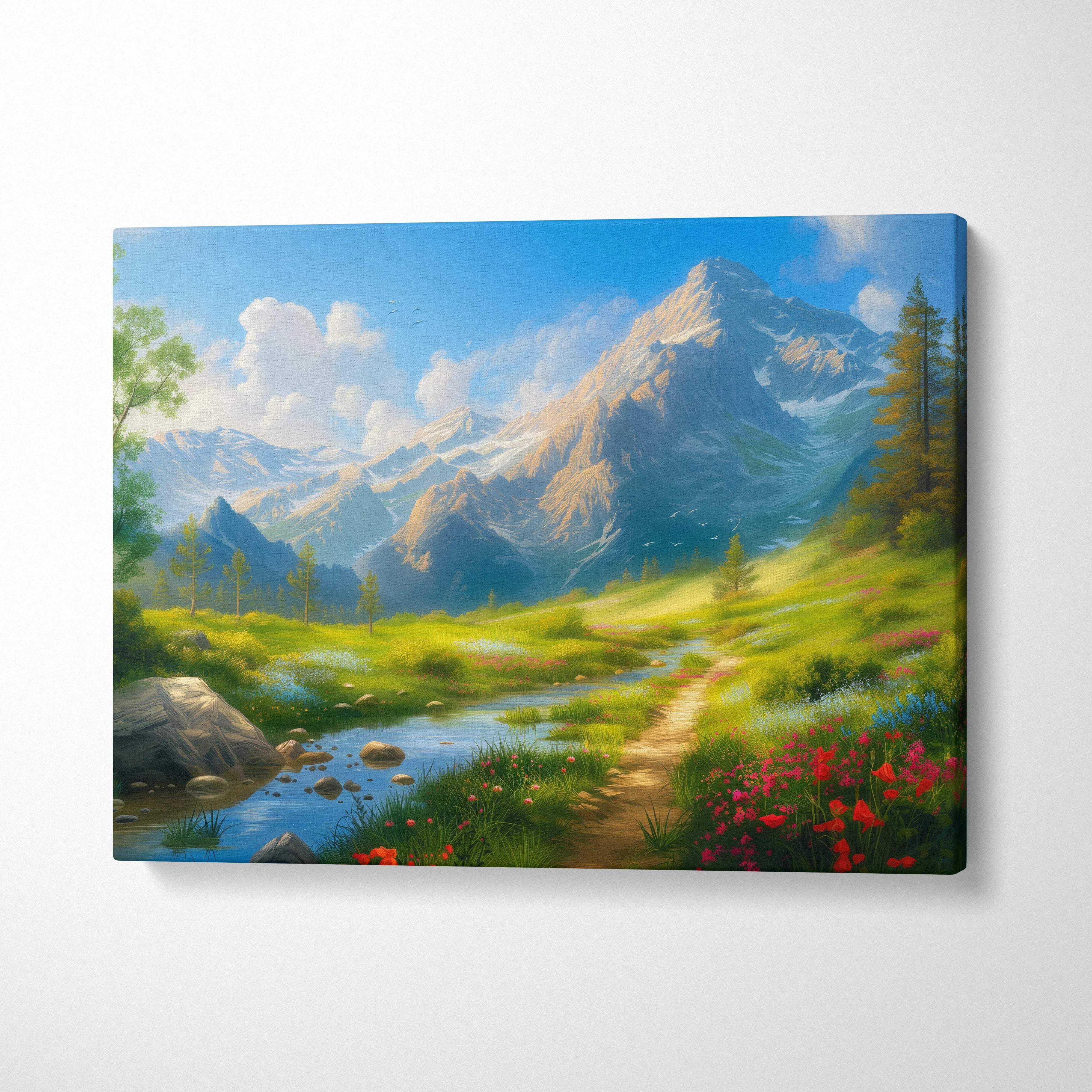 Canvas wall art of pastoral mountain landscape with stream and path