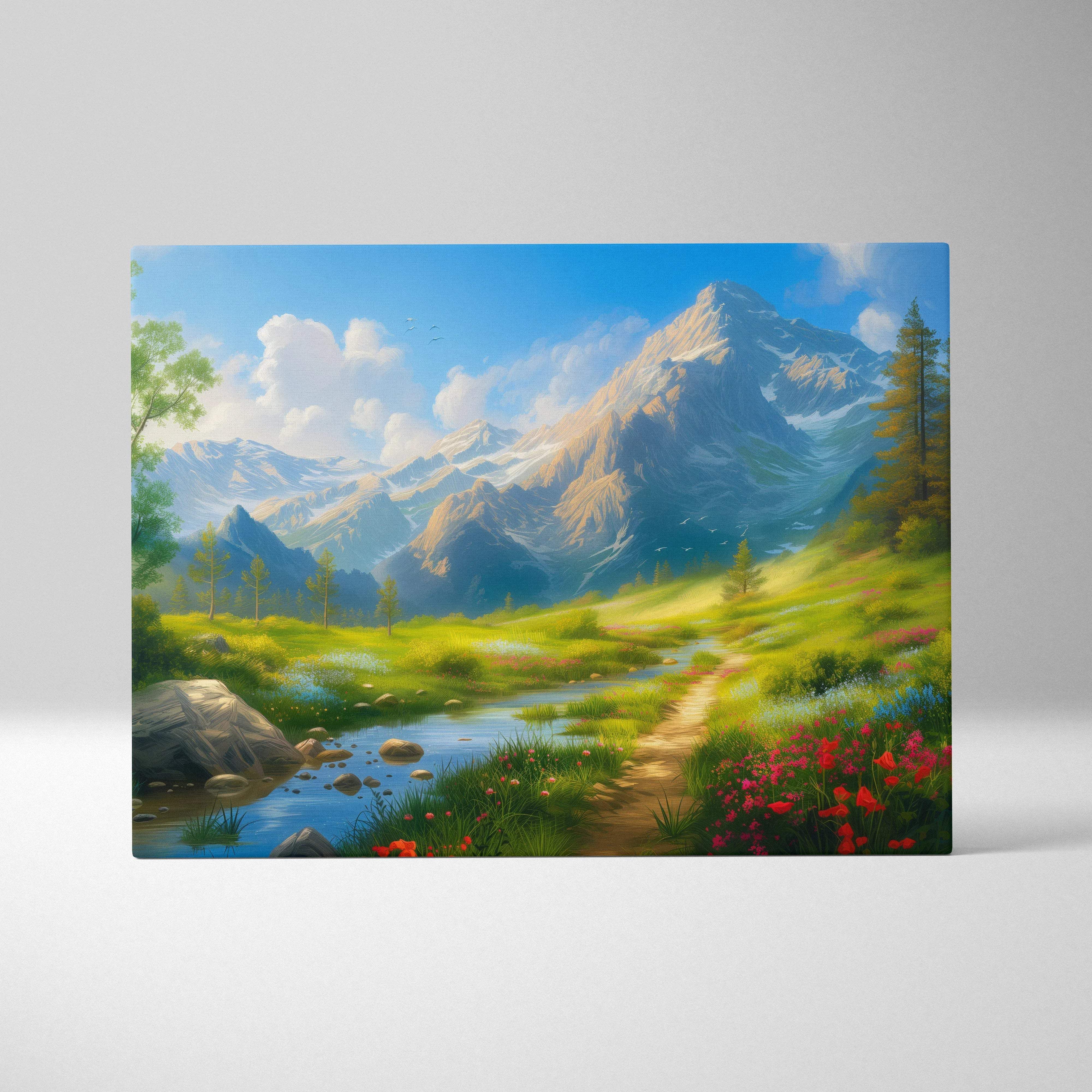 Canvas print of pastoral mountain landscape with stream in sunny meadow